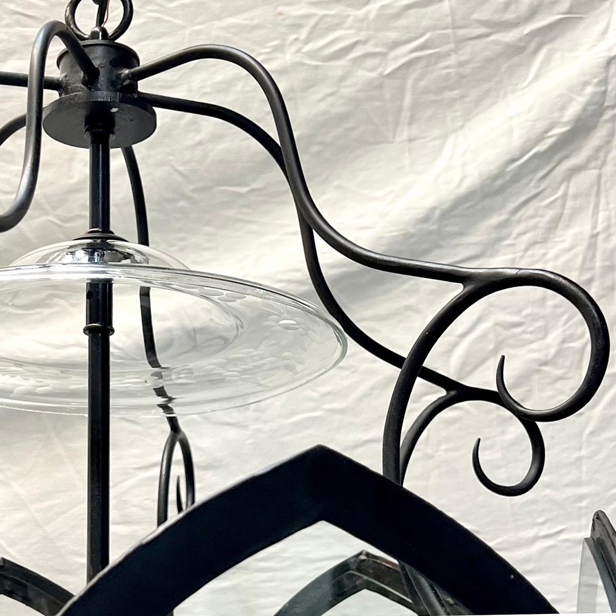 Glass French Wrought Iron Lantern For Sale