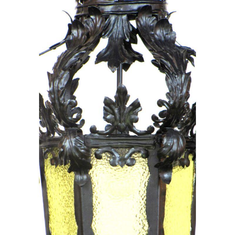French Wrought Iron Lantern with Amber Glass In Good Condition For Sale In Canton, MA