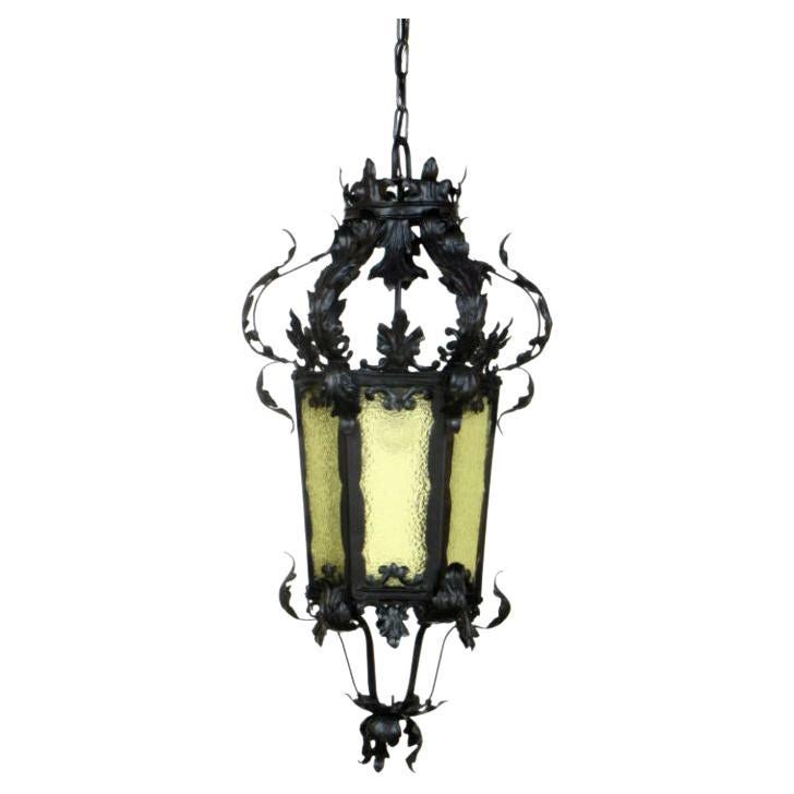 French Wrought Iron Lantern with Amber Glass