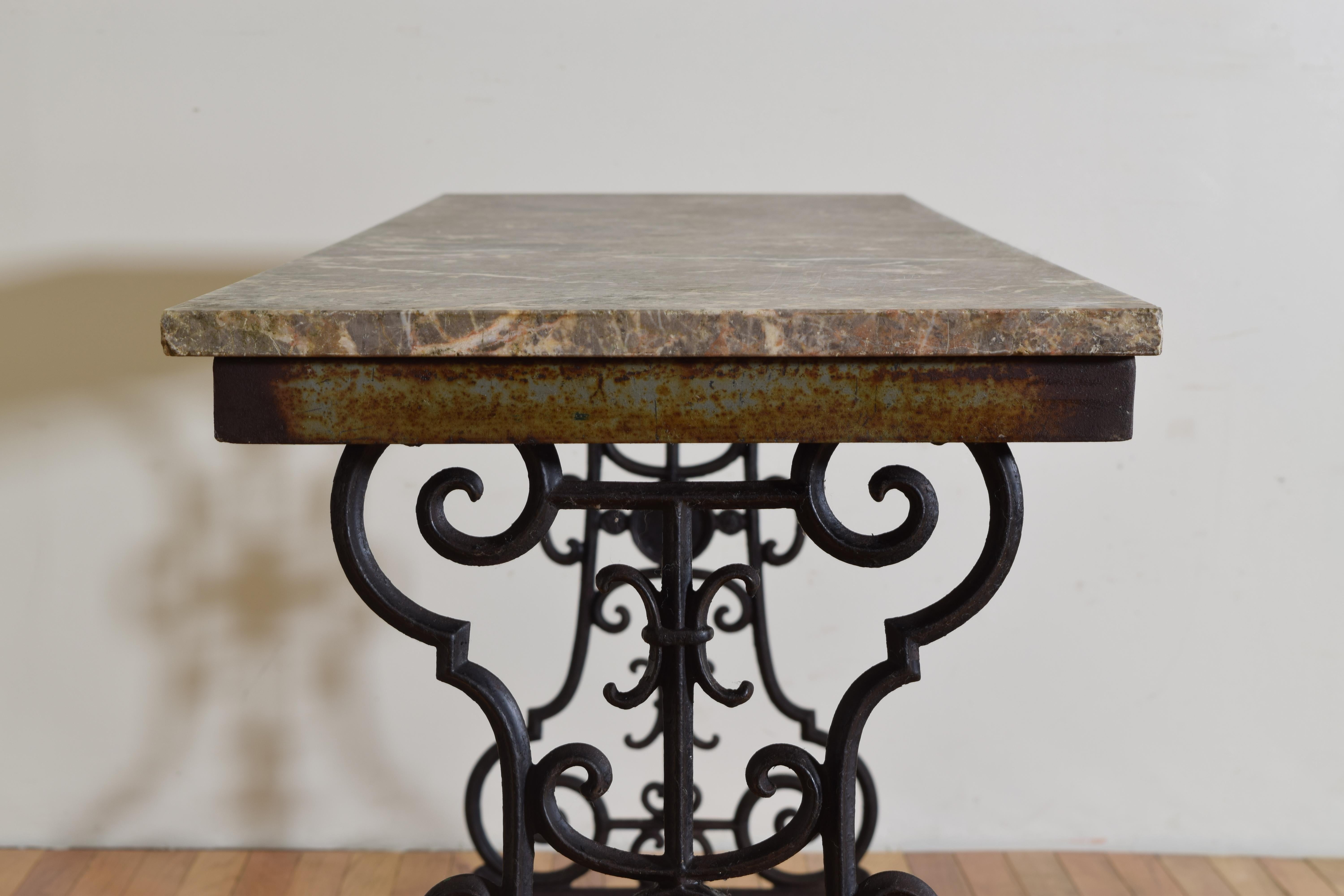 Early 20th Century French Wrought Iron & Marble Garden Table, L. David, Lyon, 1st quarter 20th cen. For Sale