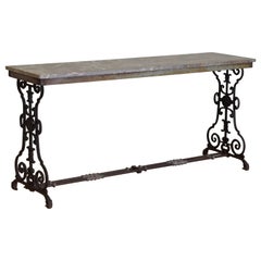 French Wrought Iron & Marble Garden Table, L. David, Lyon, 1st quarter 20th cen.