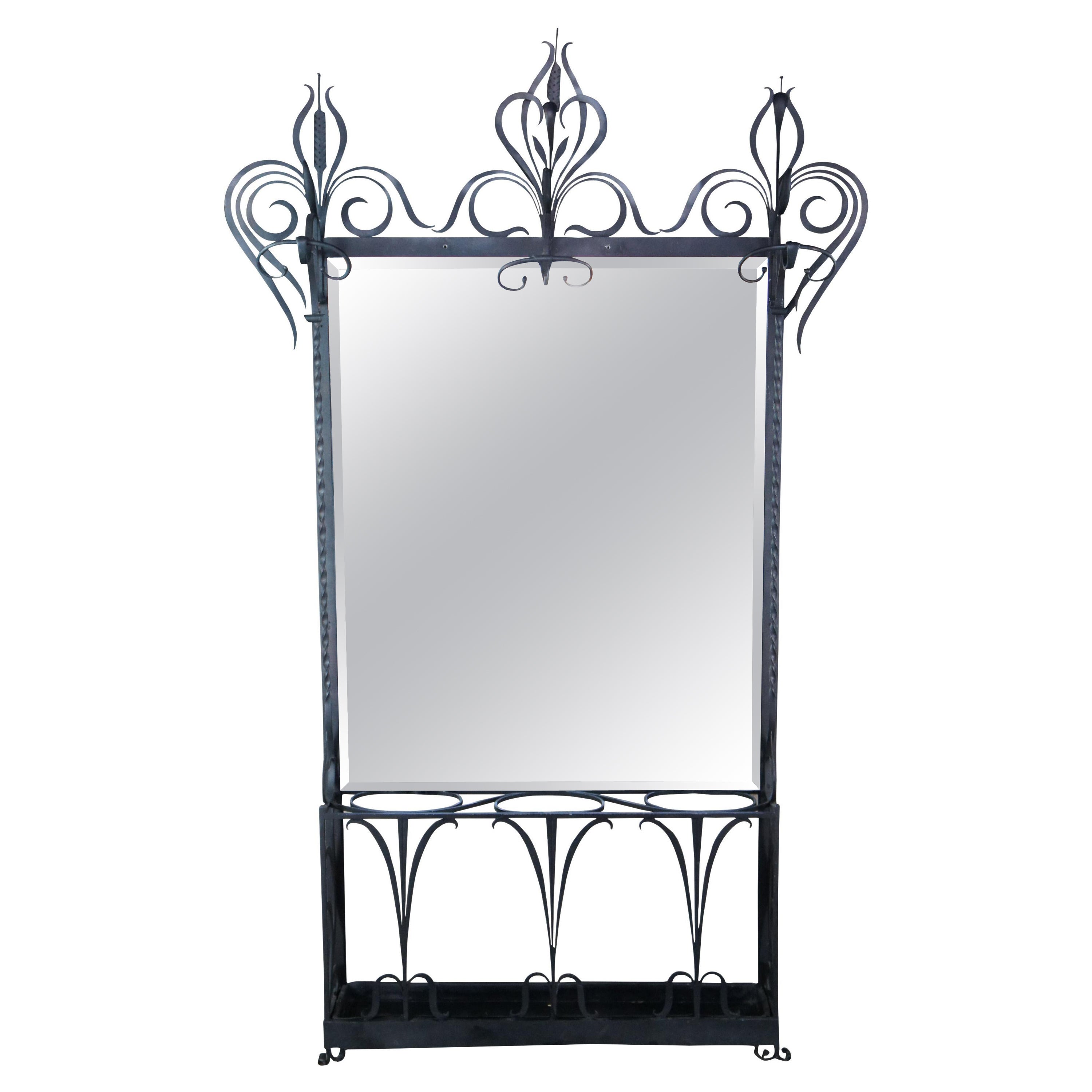 French Wrought Iron Mirror Hall Tree Coat Hat Rack Umbrella Cane Stand