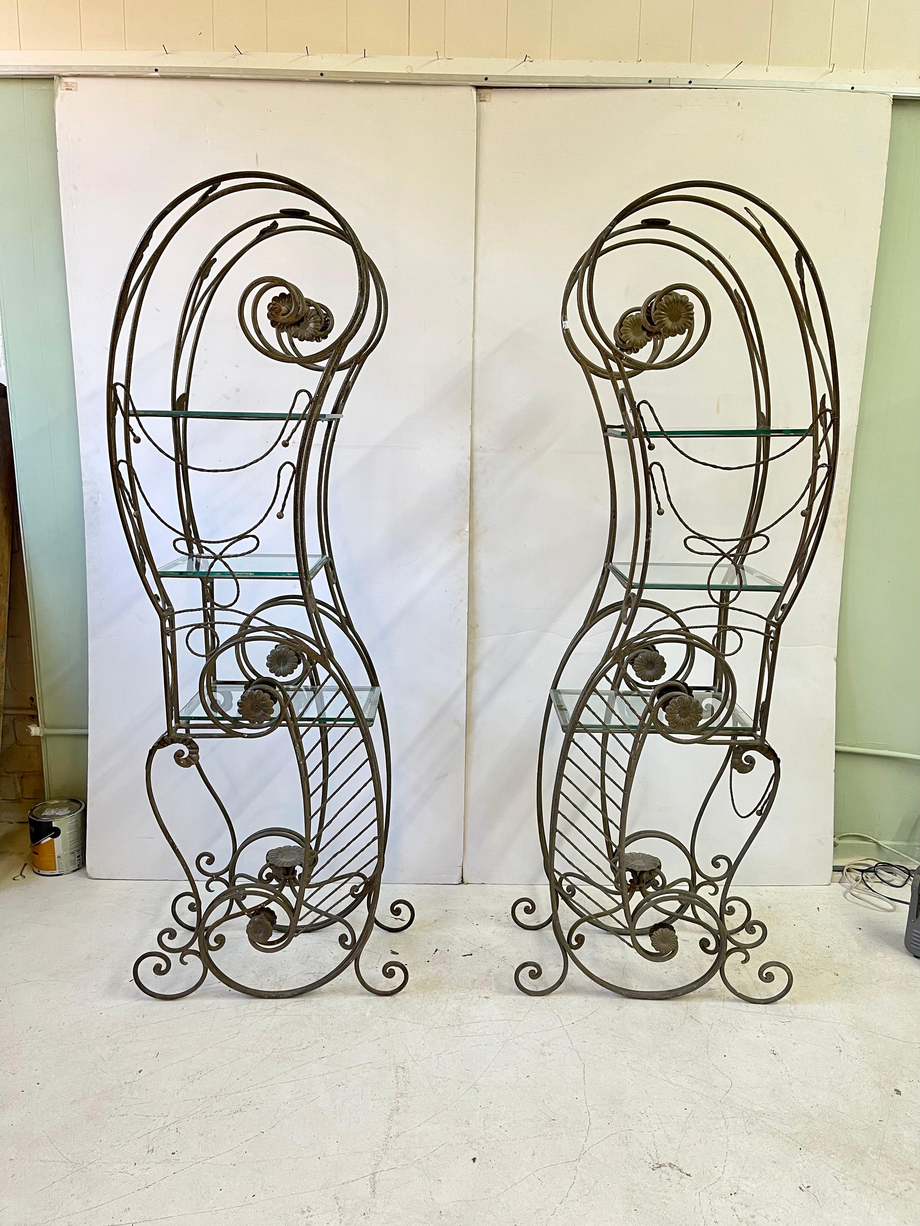 Glass French Wrought Iron Pair of Etageres