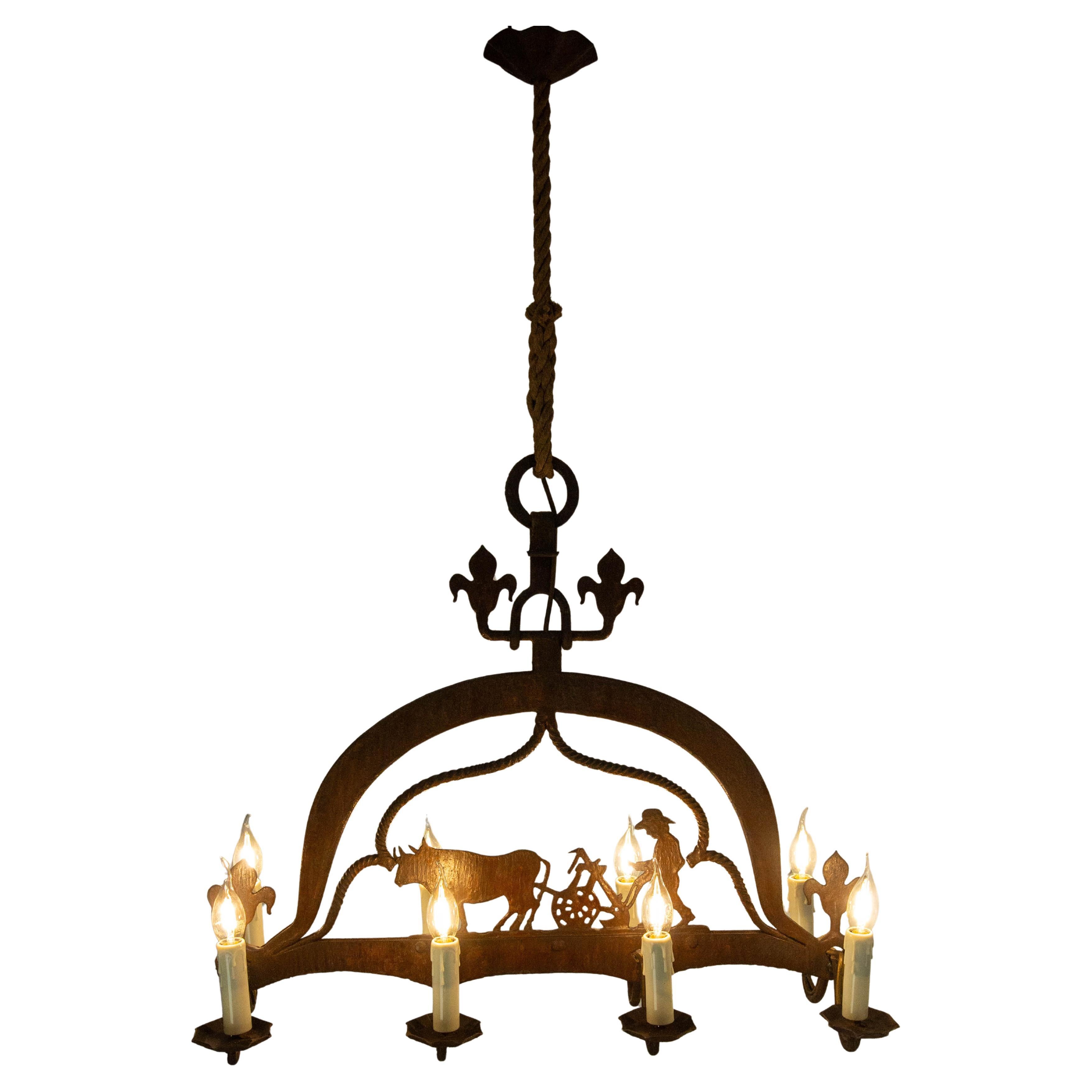 French Wrought Iron & Rope Chandelier Ceiling Pendant Midcentury circa 1970
