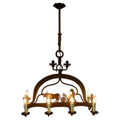 Lampadario a soffitto in ferro battuto e corda francese Midcentury circa 1970
