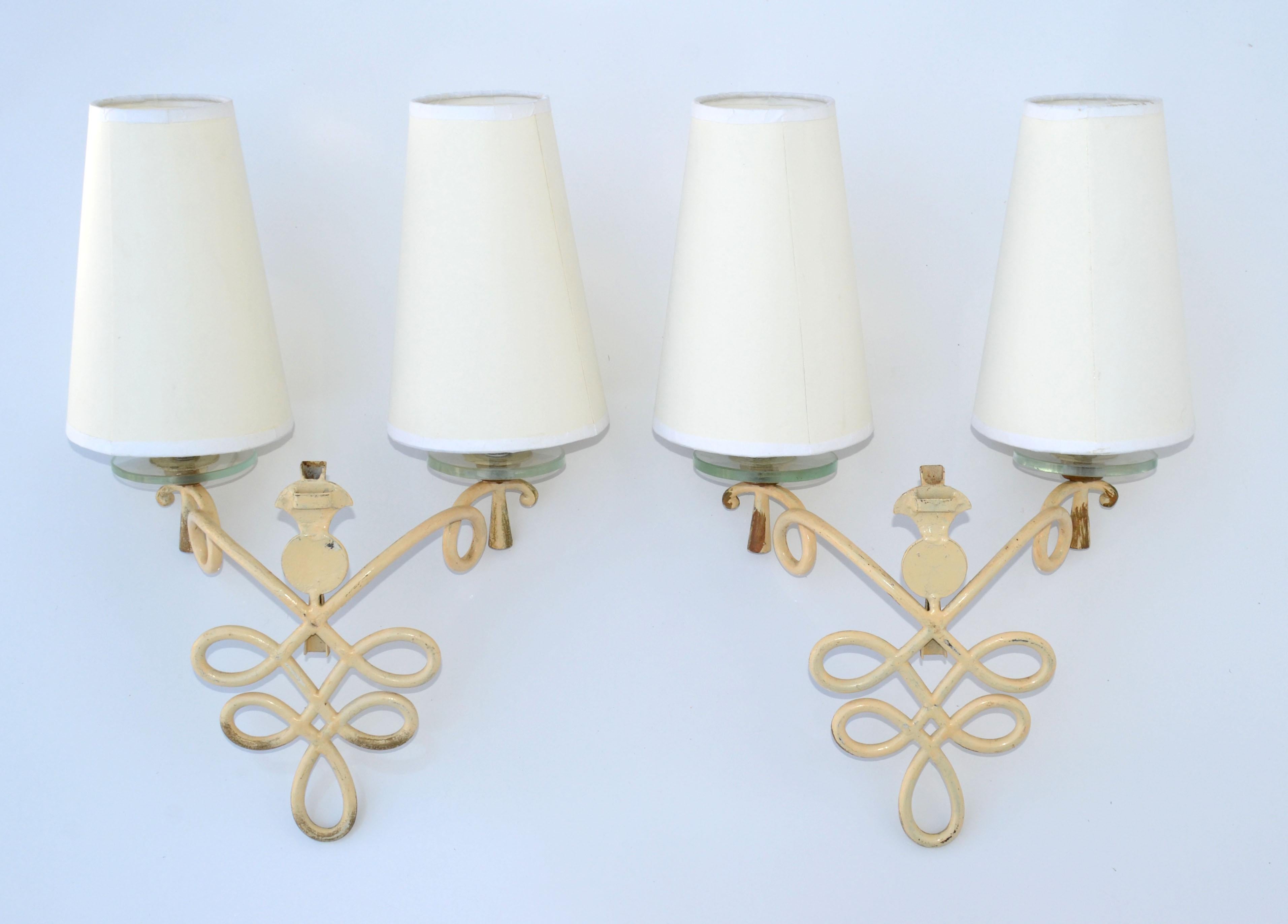French Wrought Iron & Round Glass Sconces Cone Shades, Wall Lights Art Deco 1940 For Sale 7