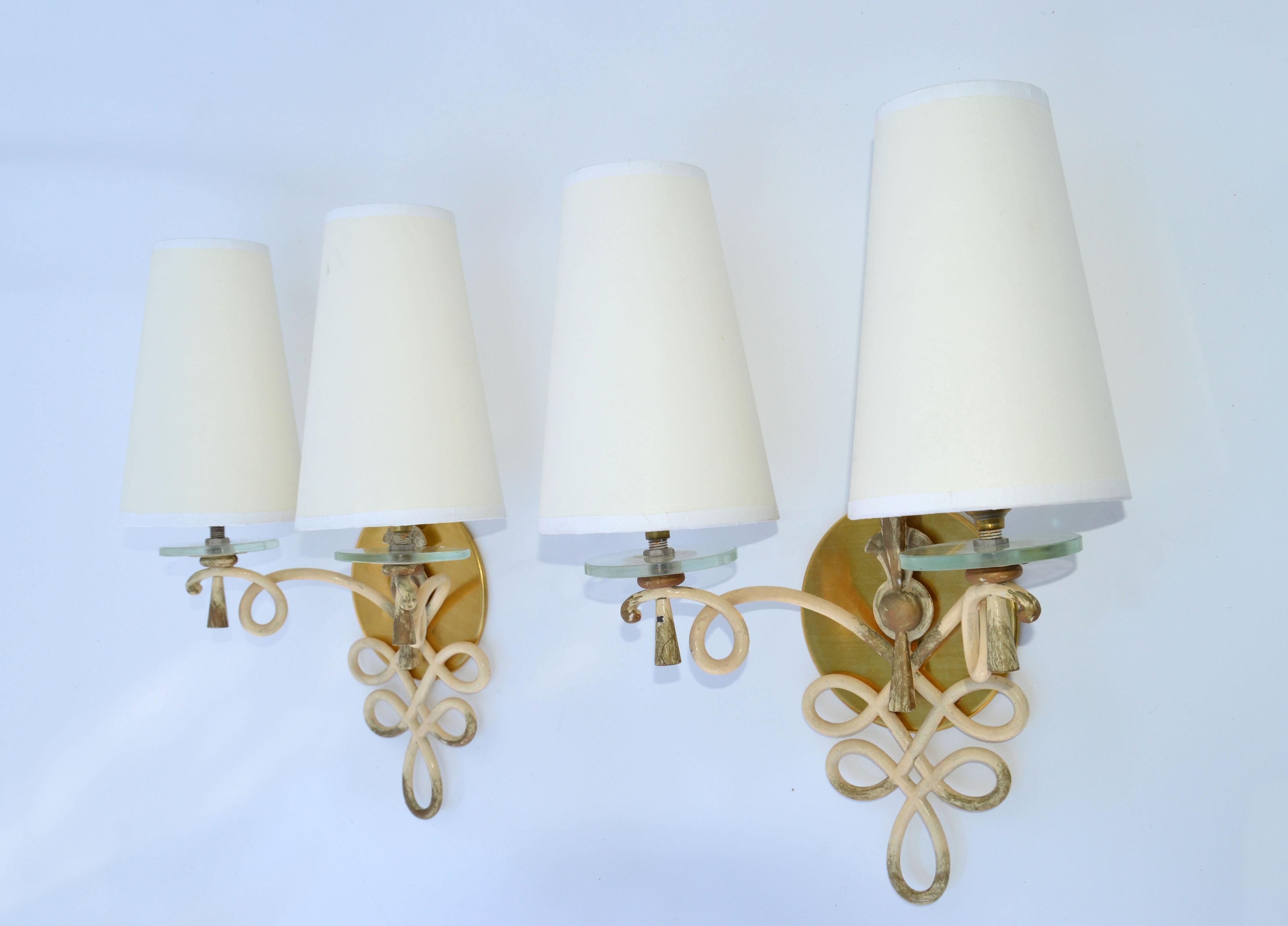 French Wrought Iron & Round Glass Sconces Cone Shades, Wall Lights Art Deco 1940 For Sale 8