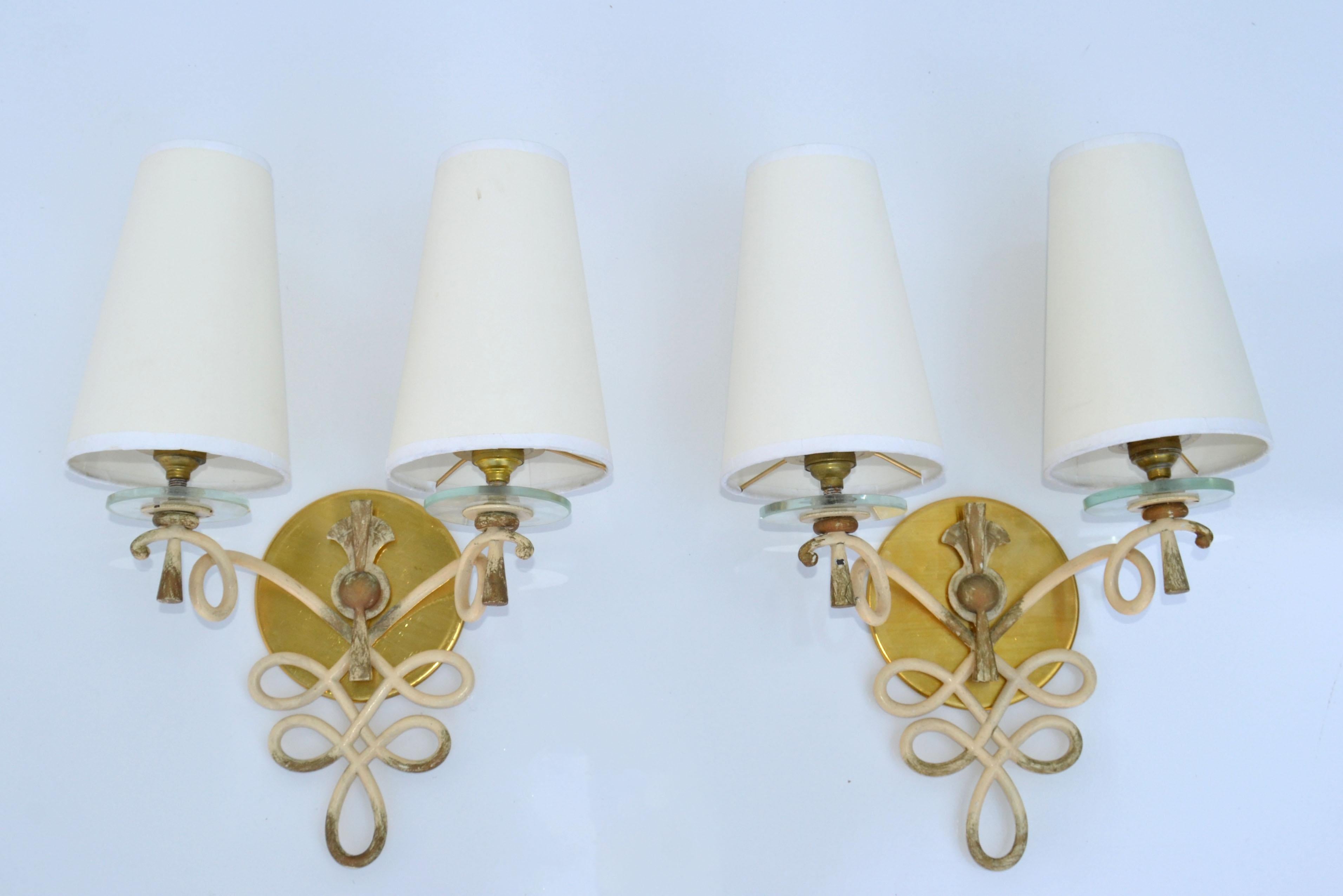 French Wrought Iron & Round Glass Sconces Cone Shades, Wall Lights Art Deco 1940 For Sale 9