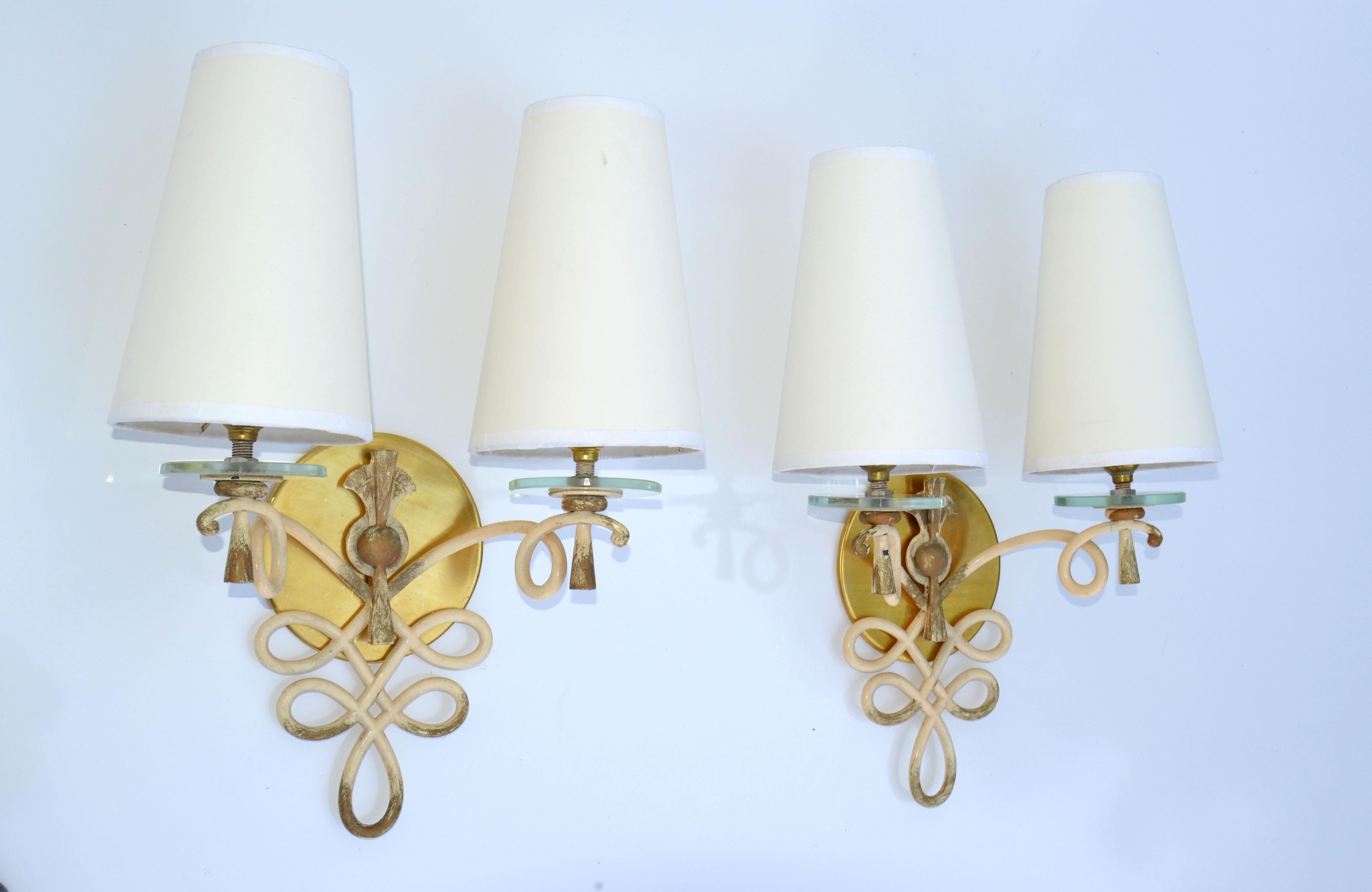 French Wrought Iron & Round Glass Sconces Cone Shades, Wall Lights Art Deco 1940 For Sale 10