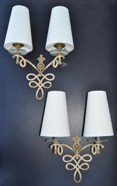 French Wrought Iron & Round Glass Sconces Cone Shades, Wall Lights Art Deco 1940