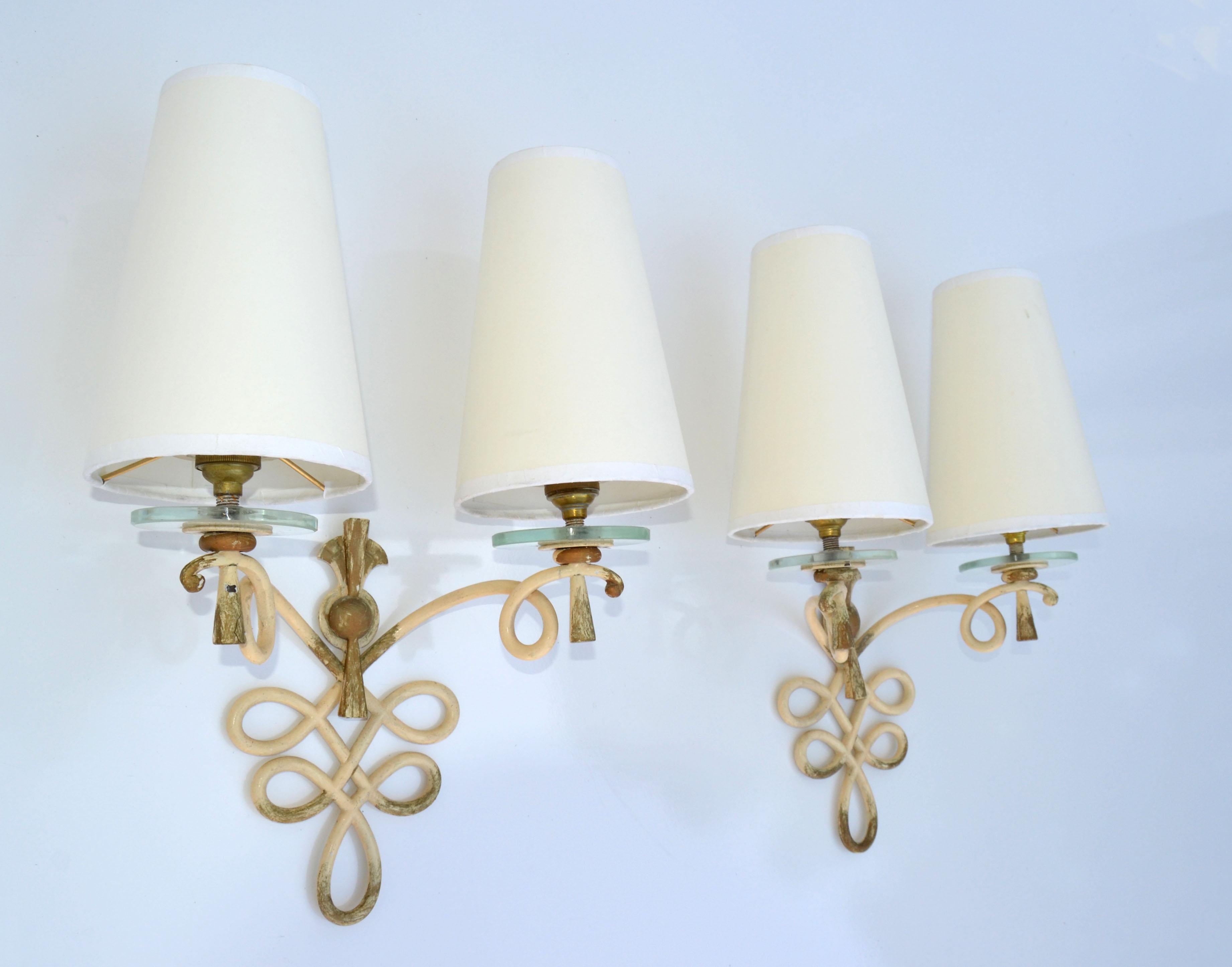 Hand-Crafted French Wrought Iron & Round Glass Sconces Cone Shades, Wall Lights Art Deco 1940 For Sale