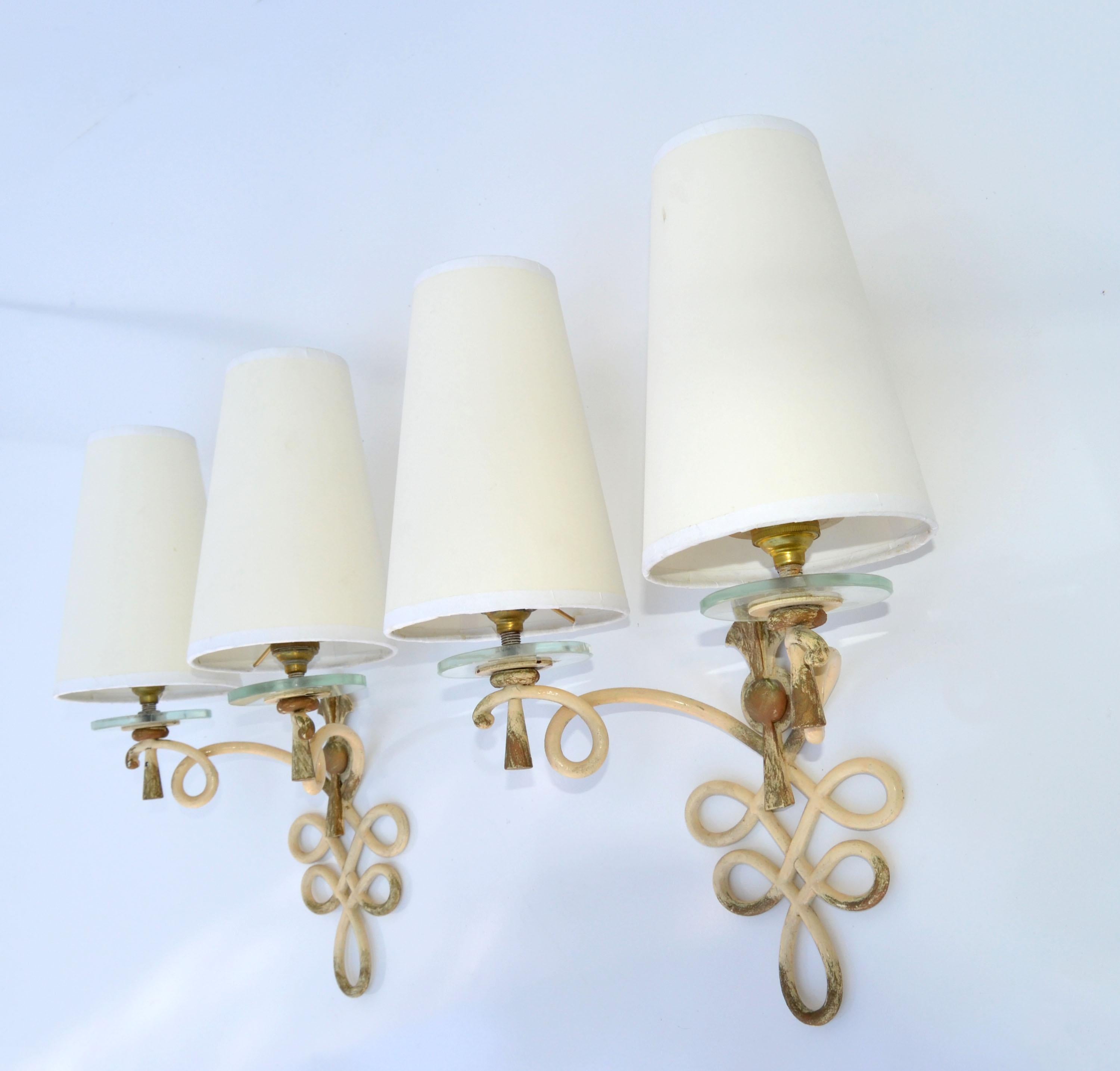 French Wrought Iron & Round Glass Sconces Cone Shades, Wall Lights Art Deco 1940 In Good Condition For Sale In Miami, FL