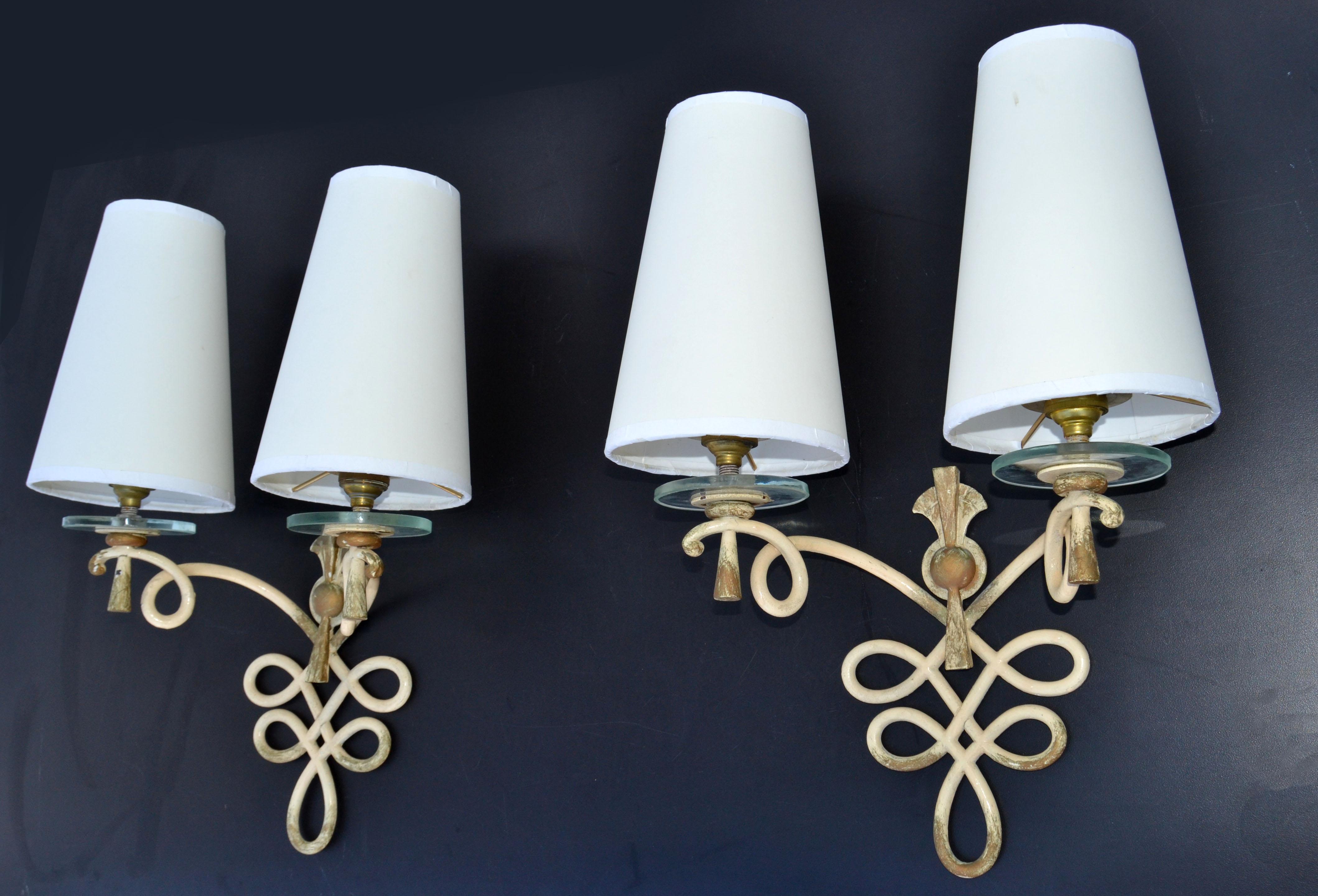 French Wrought Iron & Round Glass Sconces Cone Shades, Wall Lights Art Deco 1940 For Sale 2