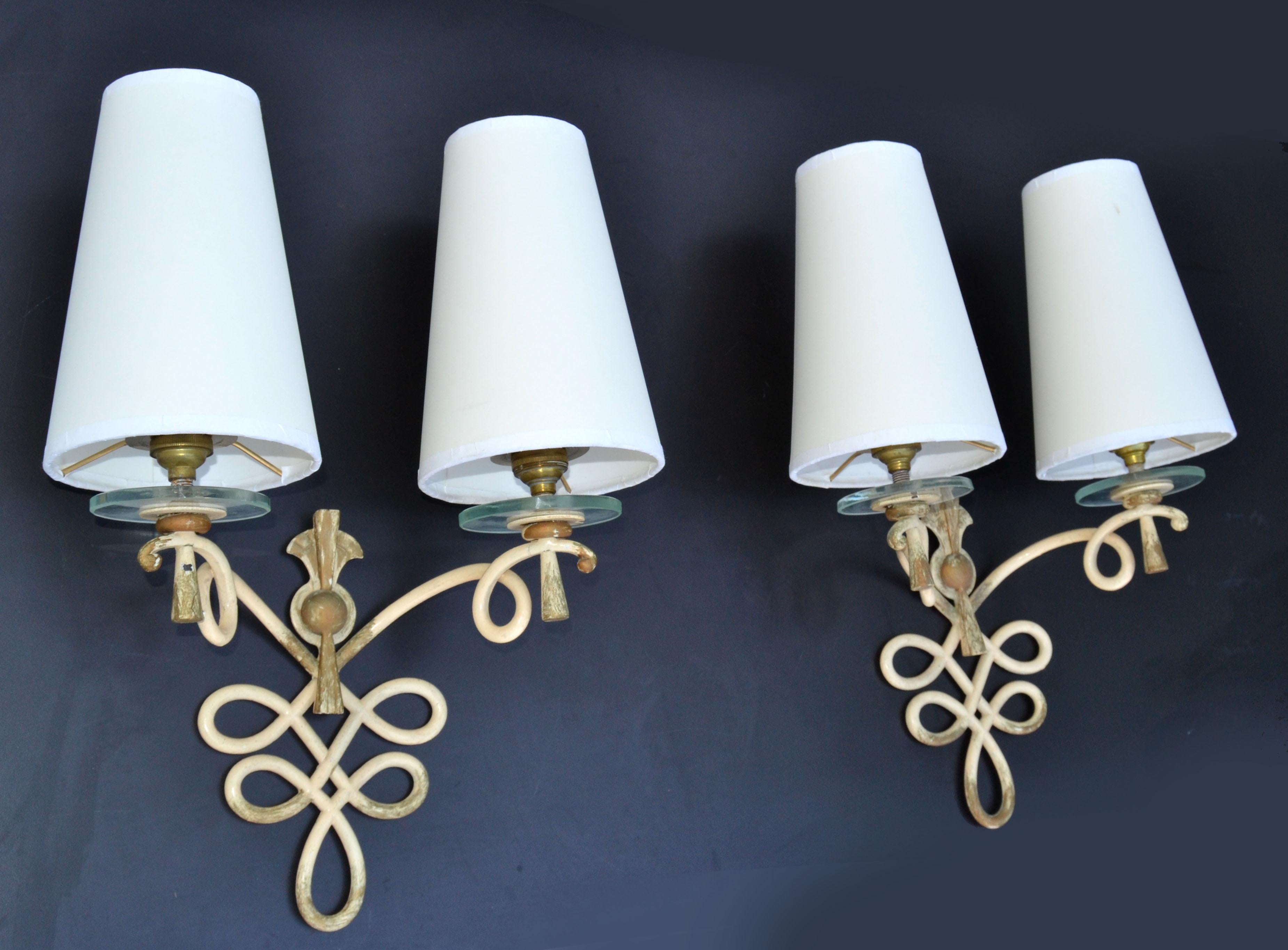 French Wrought Iron & Round Glass Sconces Cone Shades, Wall Lights Art Deco 1940 For Sale 3