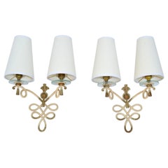 French Wrought Iron & Round Glass Sconces Cone Shades, Wall Lights Art Deco 1940