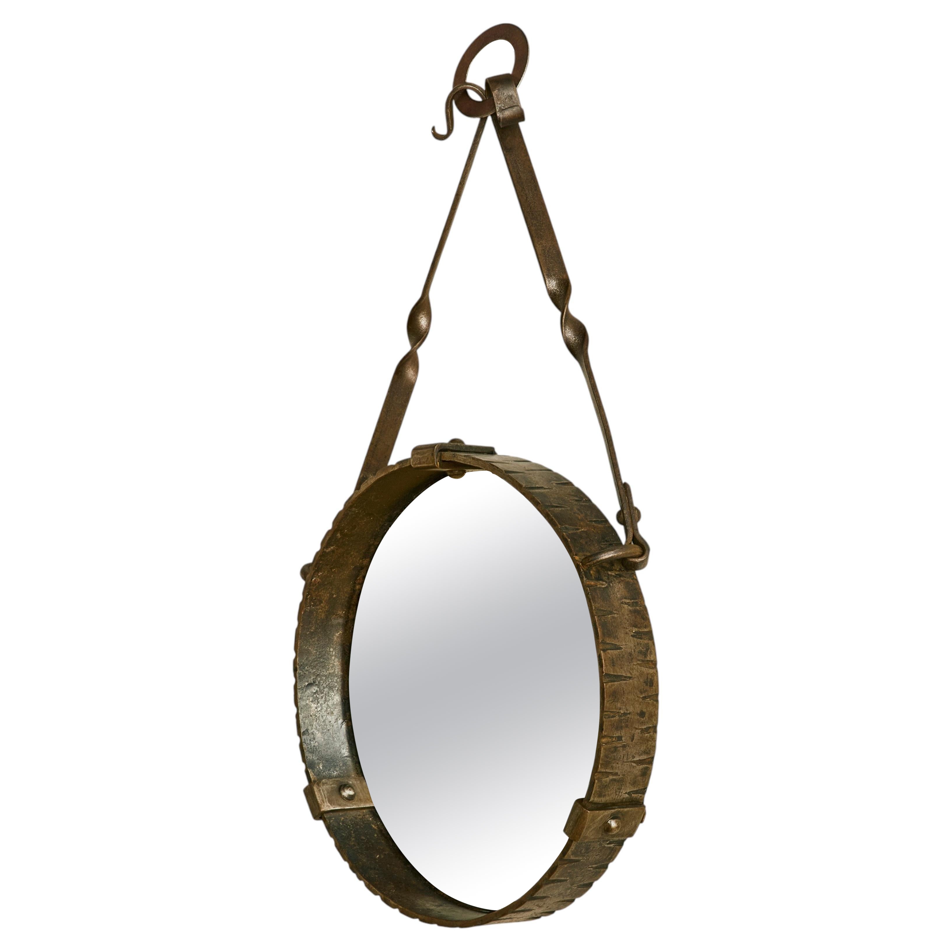 French Wrought Iron Round Hanging Mirror C. 1970