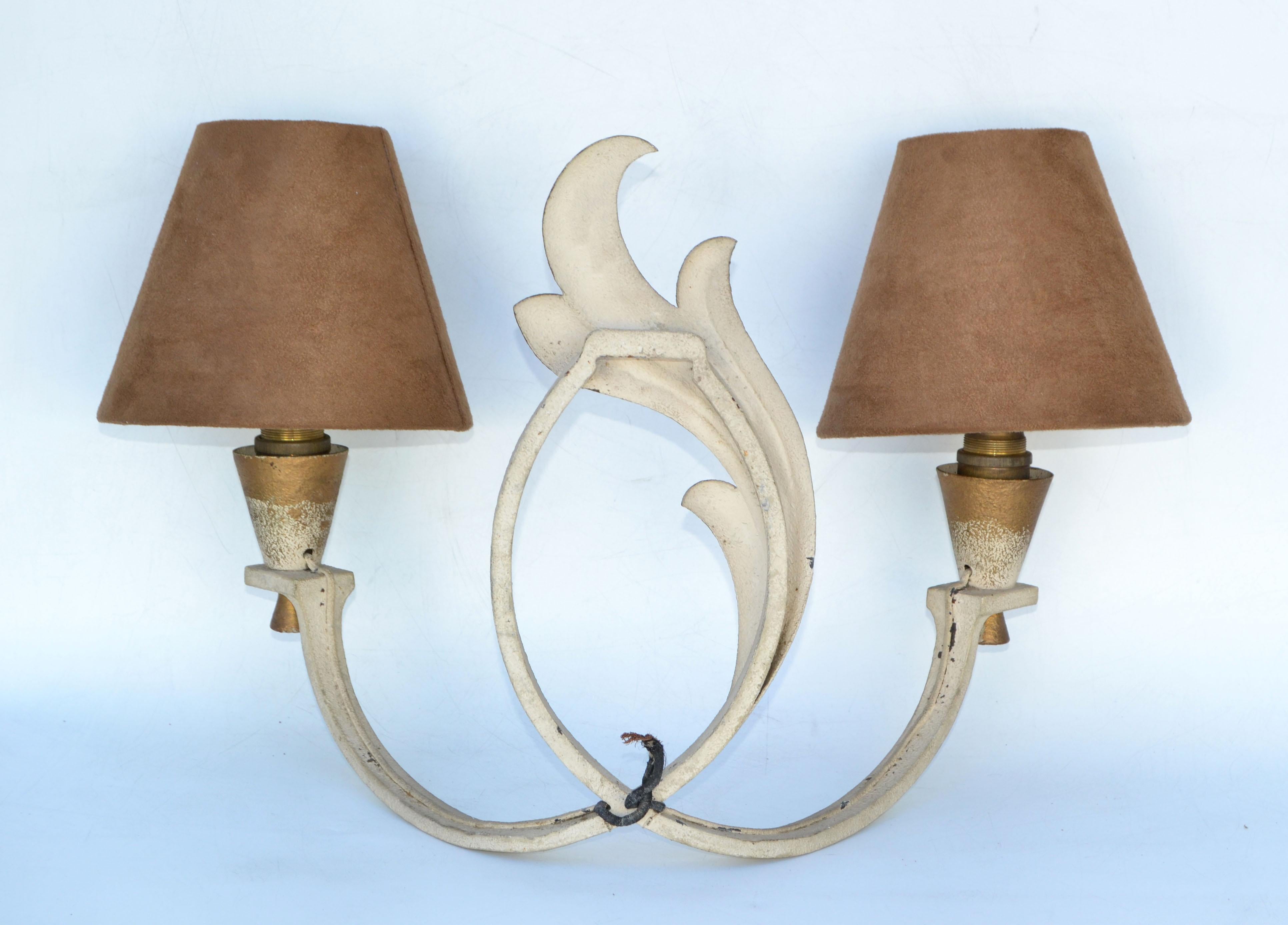 French Wrought Iron Sconces & Shades, Wall Lights Art Deco 1950 For Sale 5