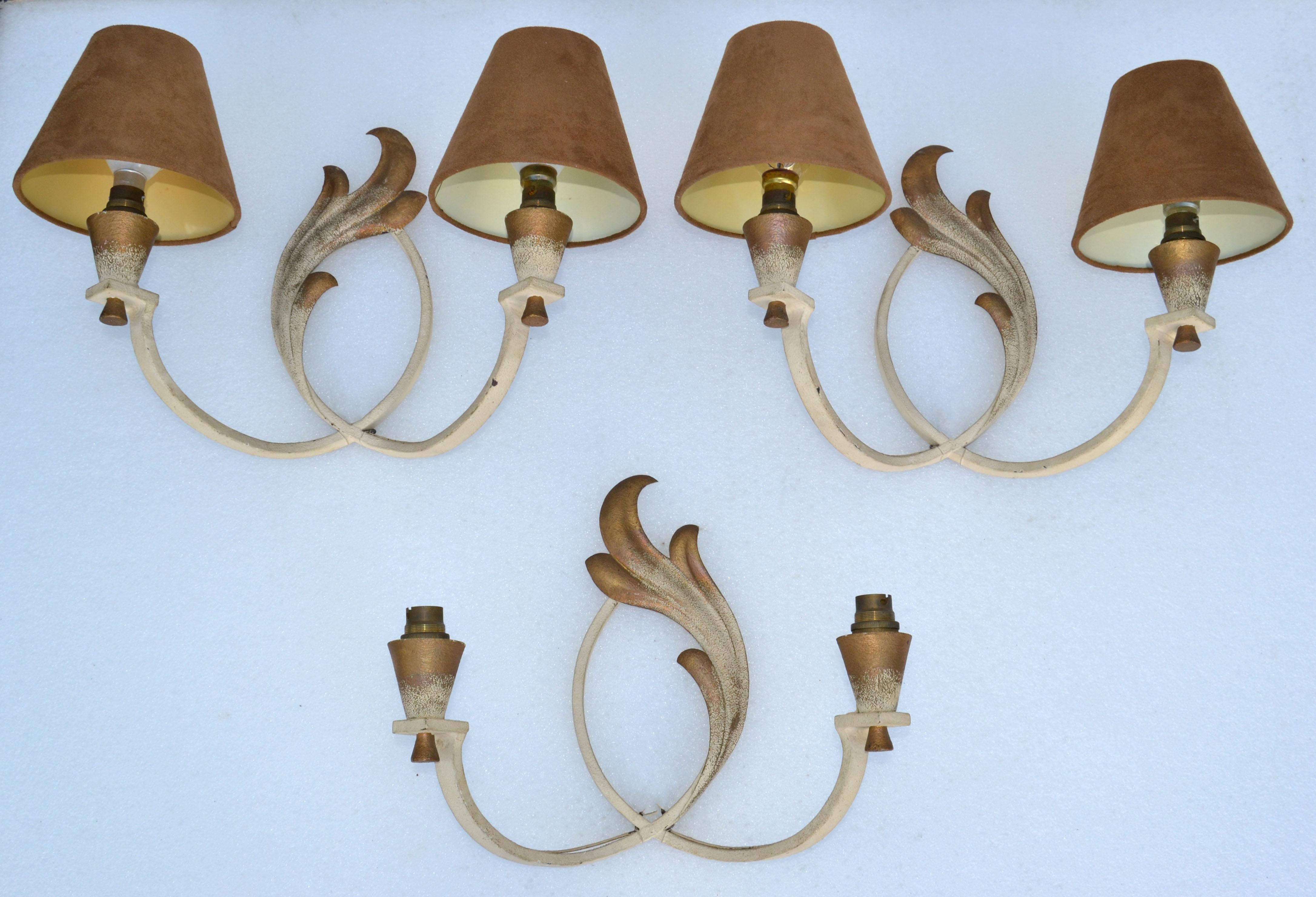 French Wrought Iron Sconces & Shades, Wall Lights Art Deco 1950 For Sale 6