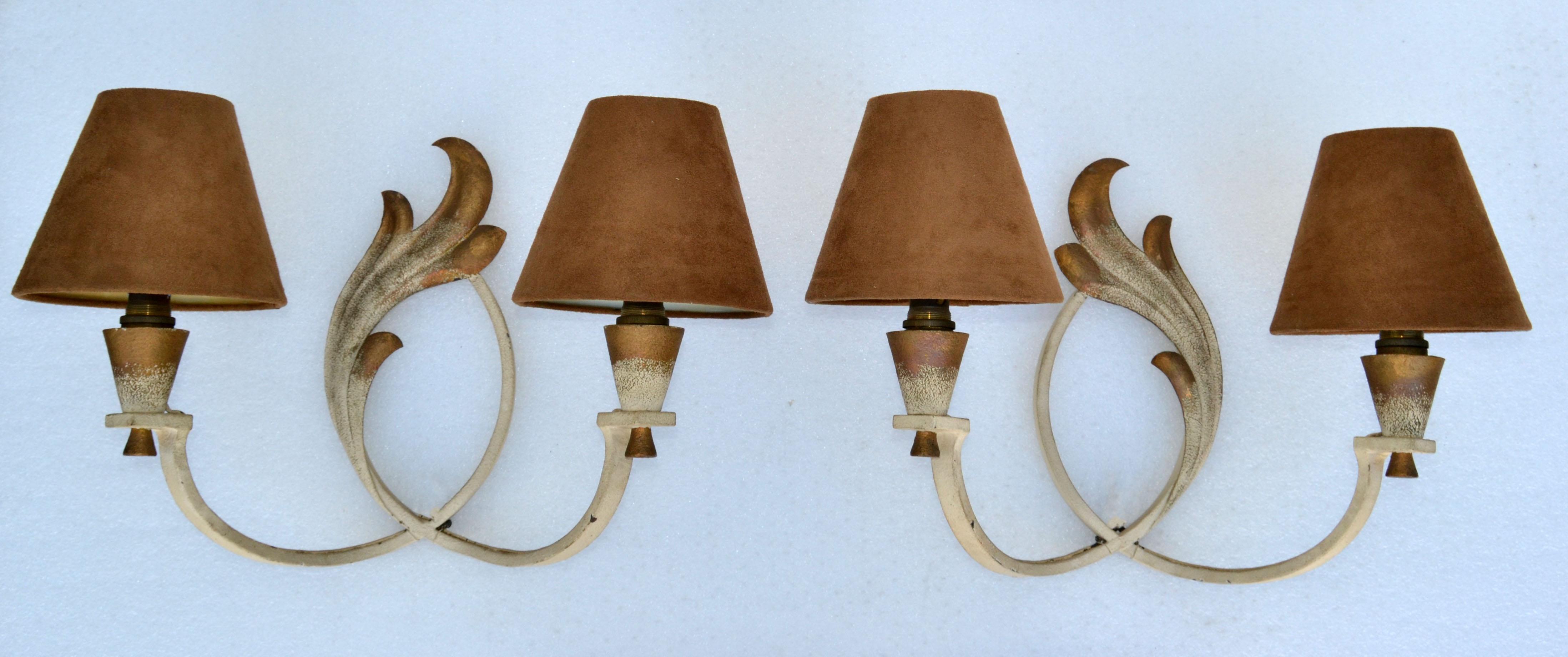 French Wrought Iron Sconces & Shades, Wall Lights Art Deco 1950 For Sale 7
