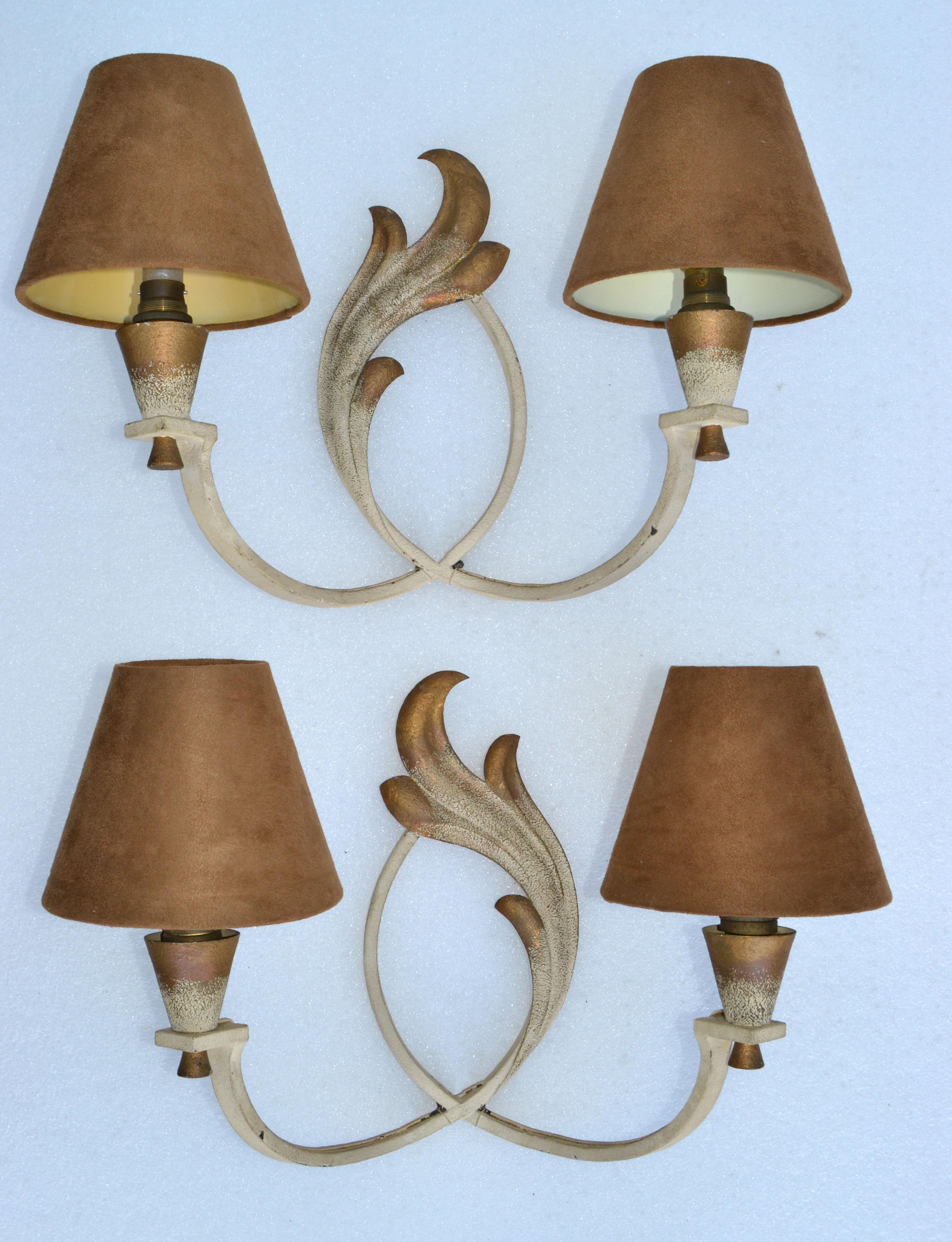 Mid-Century Modern French Wrought Iron Sconces & Shades, Wall Lights Art Deco 1950 For Sale