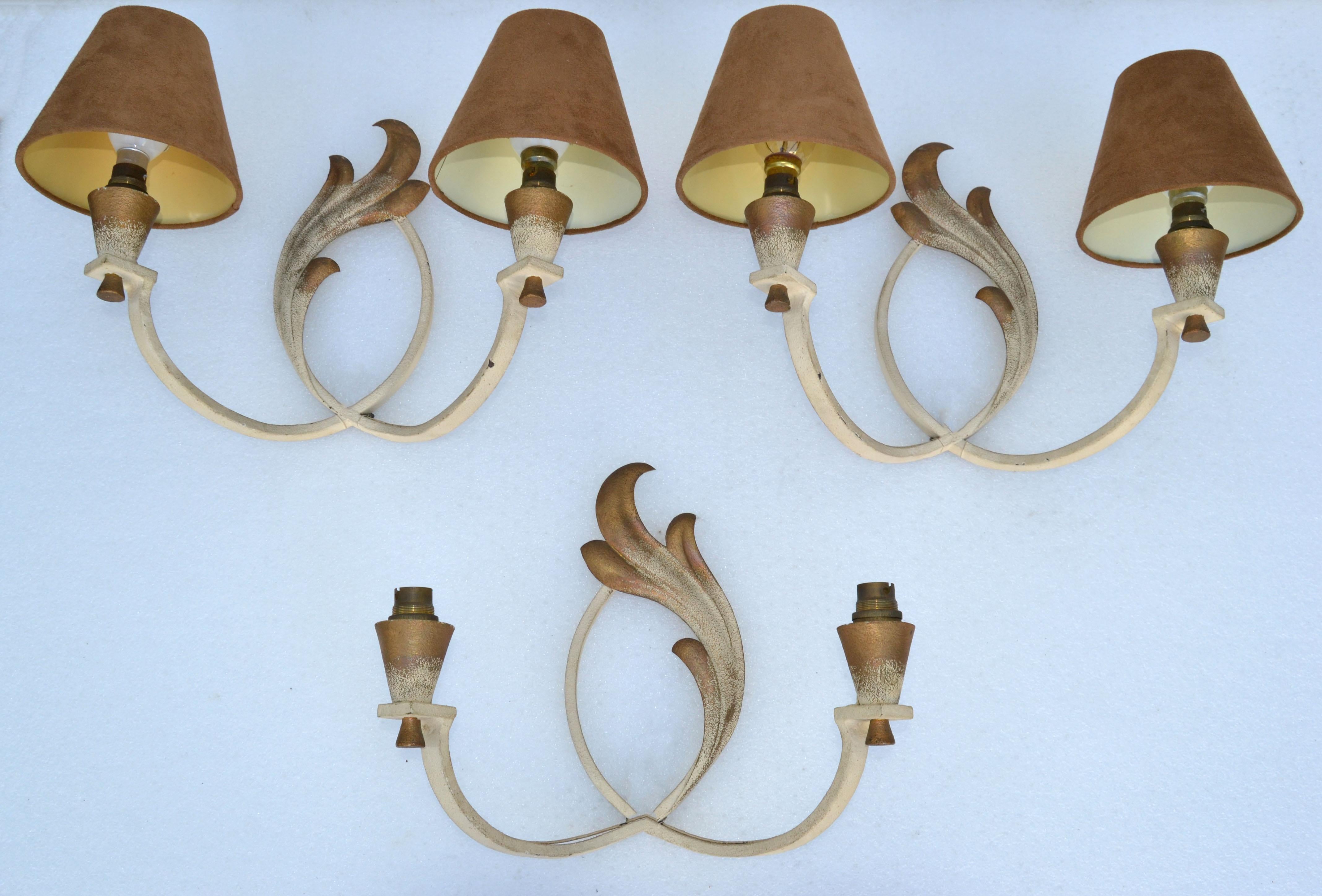 Cast French Wrought Iron Sconces & Shades, Wall Lights Art Deco 1950 For Sale