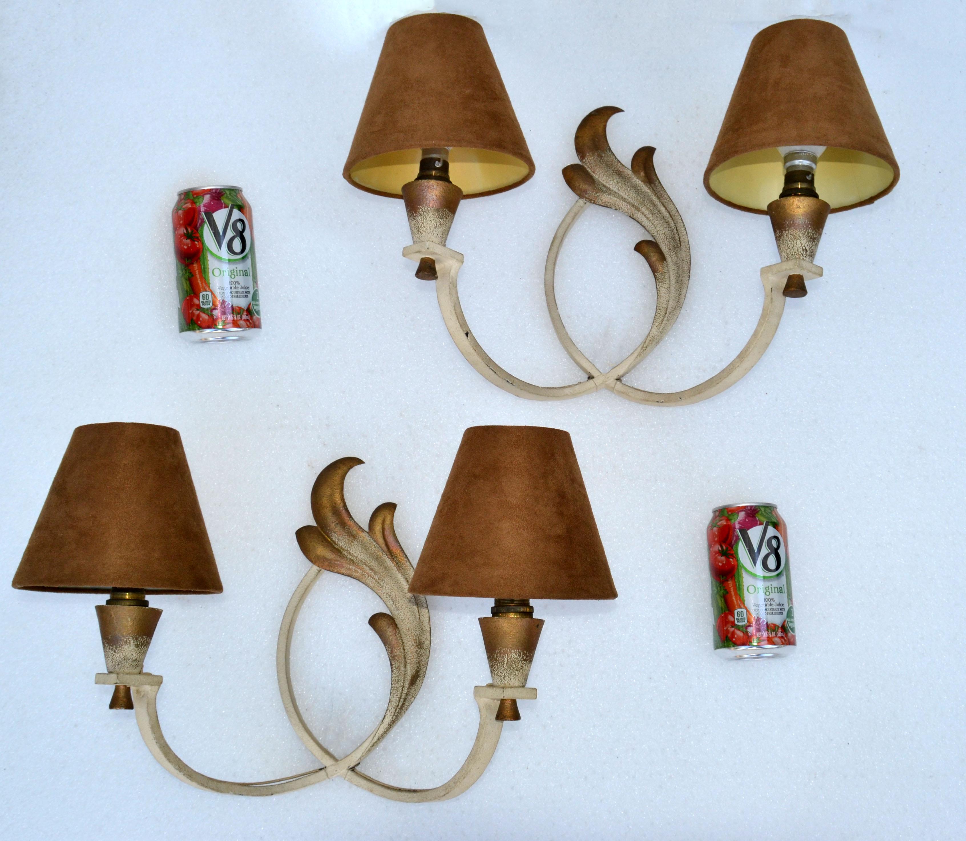 French Wrought Iron Sconces & Shades, Wall Lights Art Deco 1950 In Good Condition For Sale In Miami, FL