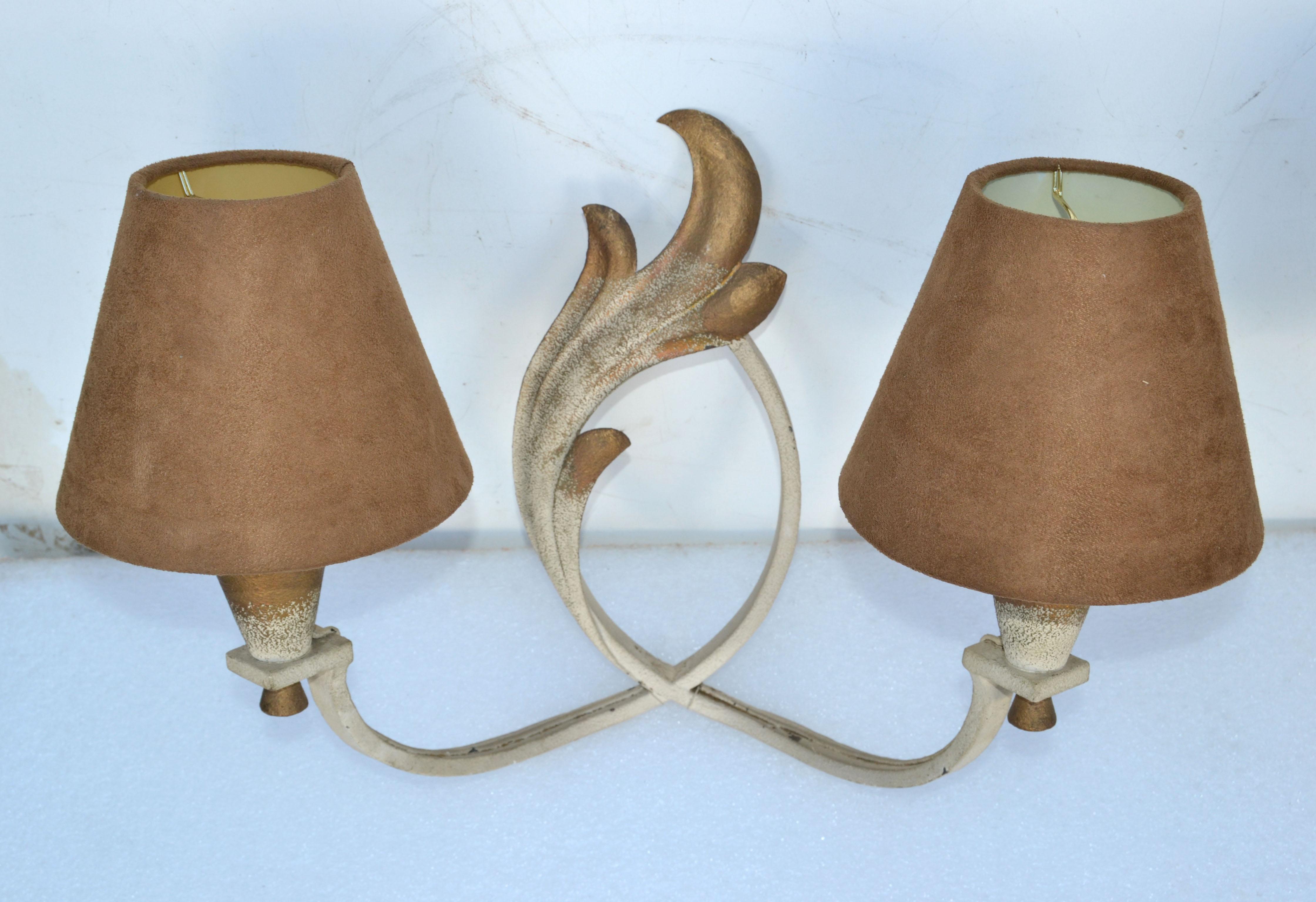 20th Century French Wrought Iron Sconces & Shades, Wall Lights Art Deco 1950 For Sale