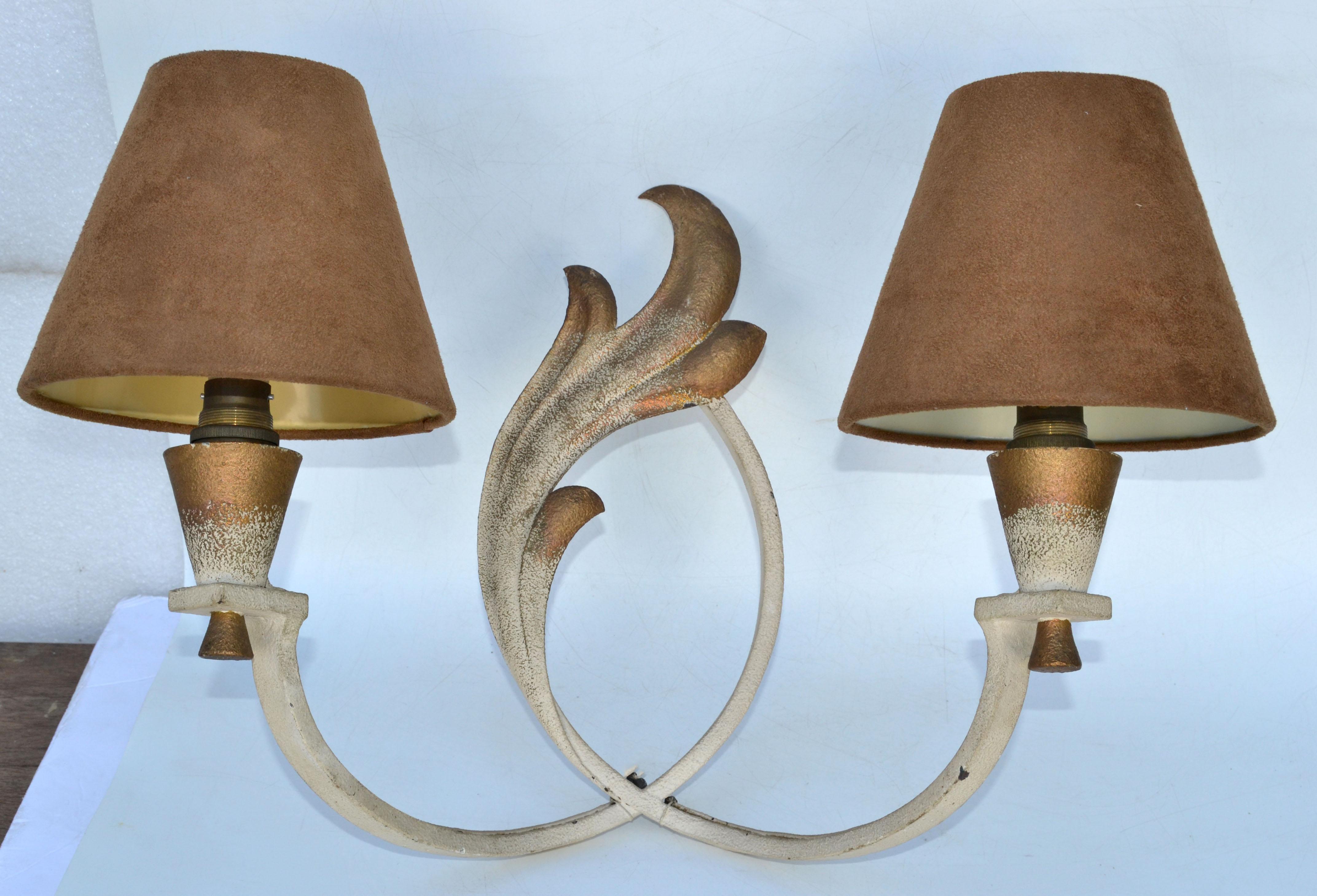 Brass French Wrought Iron Sconces & Shades, Wall Lights Art Deco 1950 For Sale