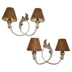 French Wrought Iron Sconces & Shades, Wall Lights Art Deco 1950