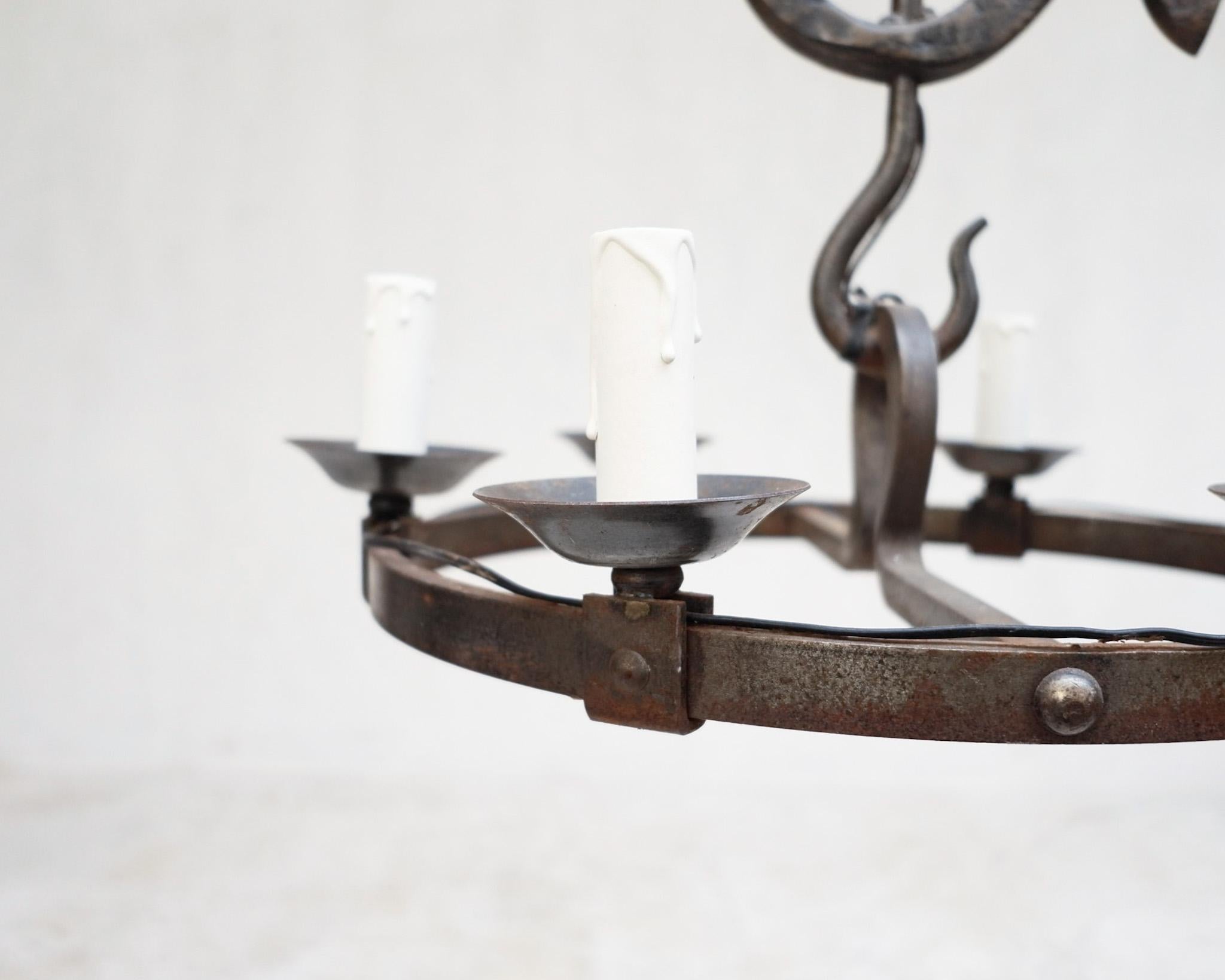 Mid-20th Century French Wrought Iron Six Arm Chandelier by Atelier Marolles For Sale