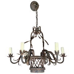 French Wrought Iron Six Light Chandelier, C. 1940's