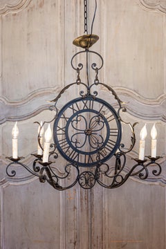French Wrought Iron Six-Light Clock Face Chandelier with Scrolling Arms