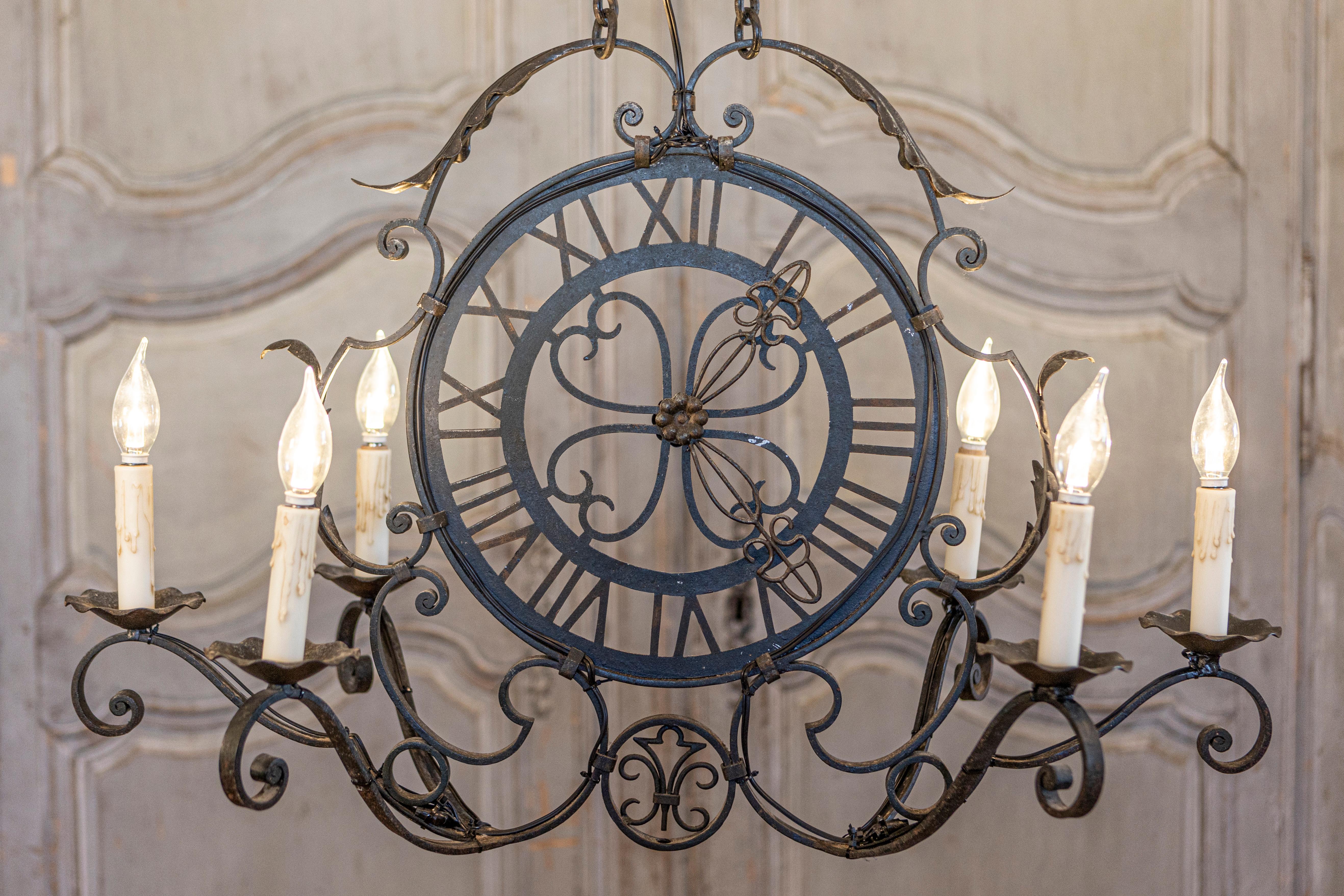 French Wrought Iron Six-Light Clock Face Chandelier with Scrolling Arms In Good Condition For Sale In Atlanta, GA