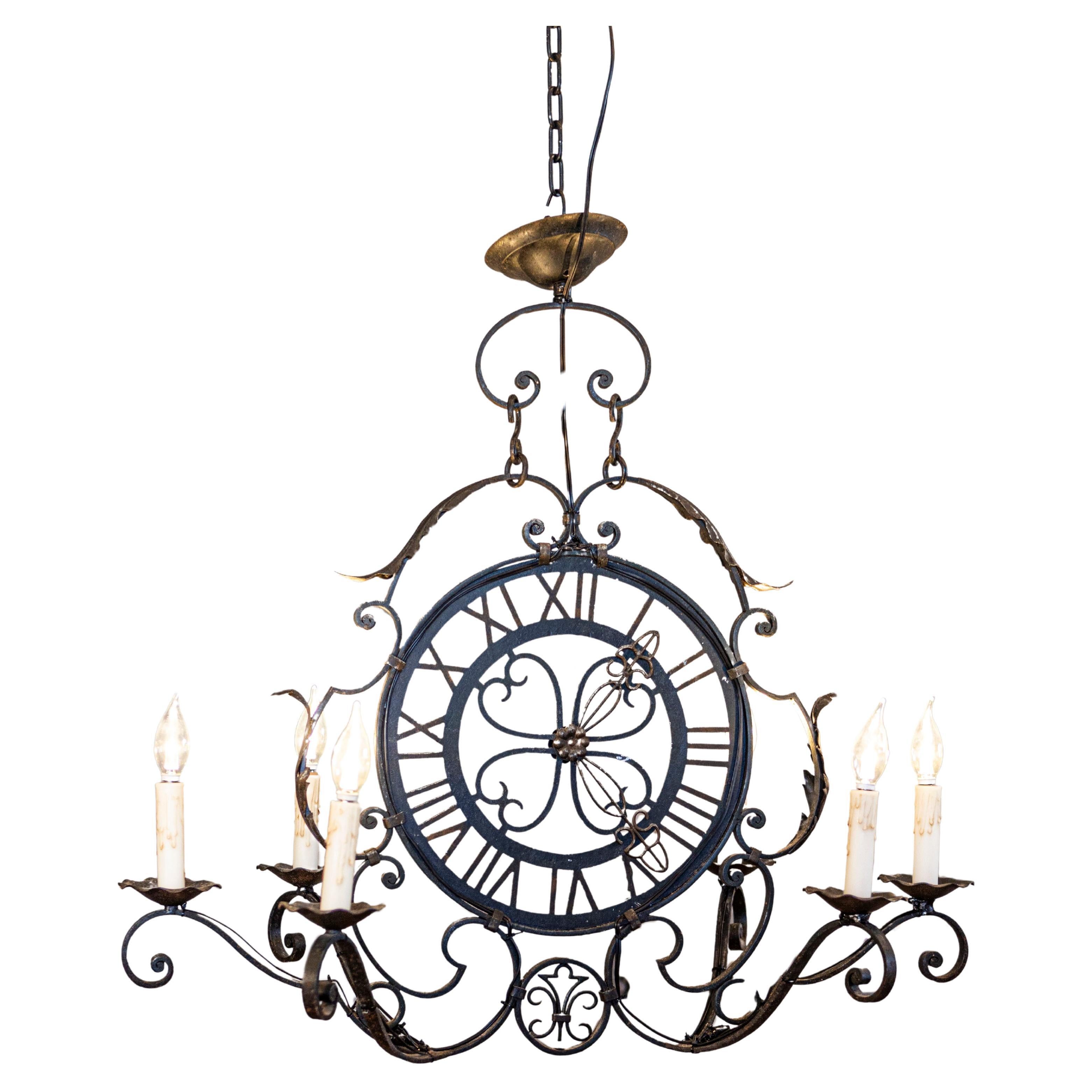 French Wrought Iron Six-Light Clock Face Chandelier with Scrolling Arms For Sale