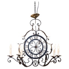 Vintage French Wrought Iron Six-Light Clock Face Chandelier with Scrolling Arms