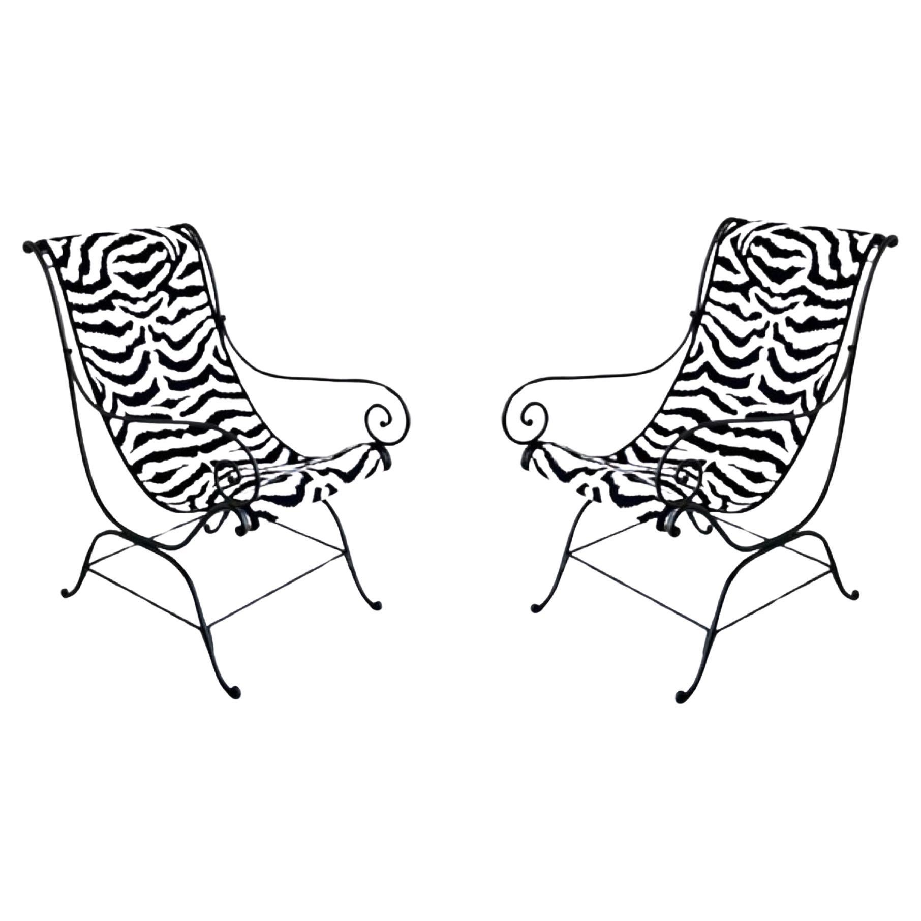 French Wrought Iron Sling Chairs, Sunbrella Fabric, Vintage 1950s For Sale