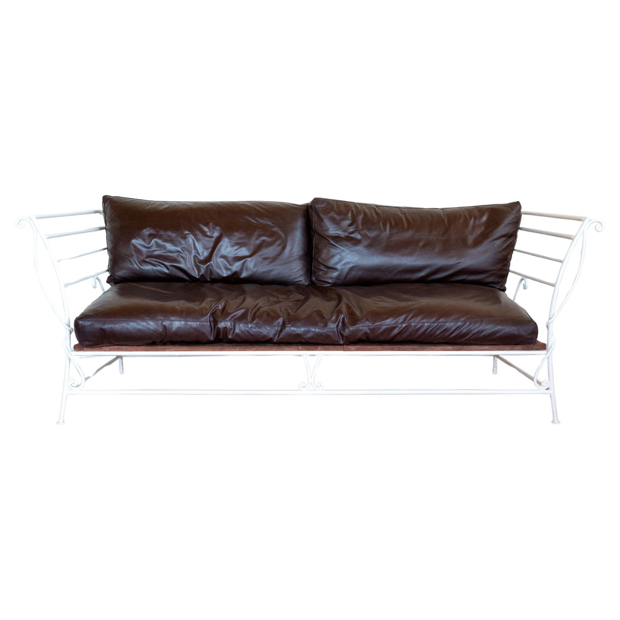 French Wrought Iron Sofa Leather Cushions Mid Century Settee 1950s Vintage MCM