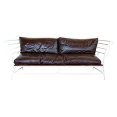 French Wrought Iron Sofa Leather Cushions Mid Century Settee 1950s Vintage MCM