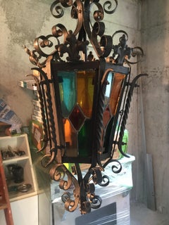 French Wrought Iron and Stained-Glass Chandelier