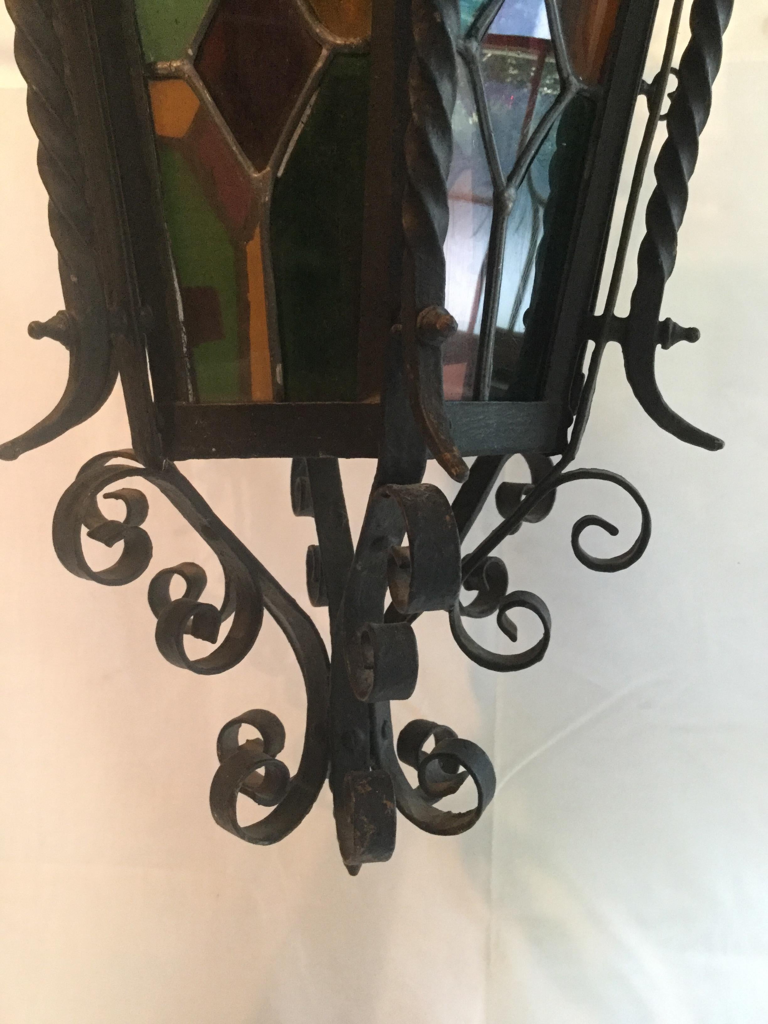 20th Century French Wrought Iron and Stained-Glass Chandelier For Sale