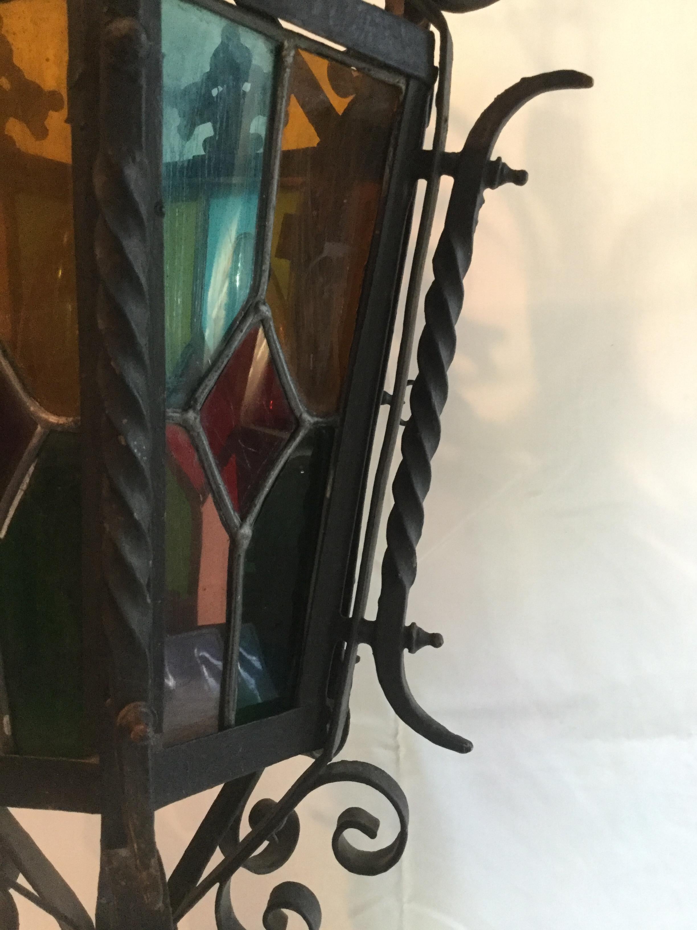 Stained Glass French Wrought Iron and Stained-Glass Chandelier For Sale