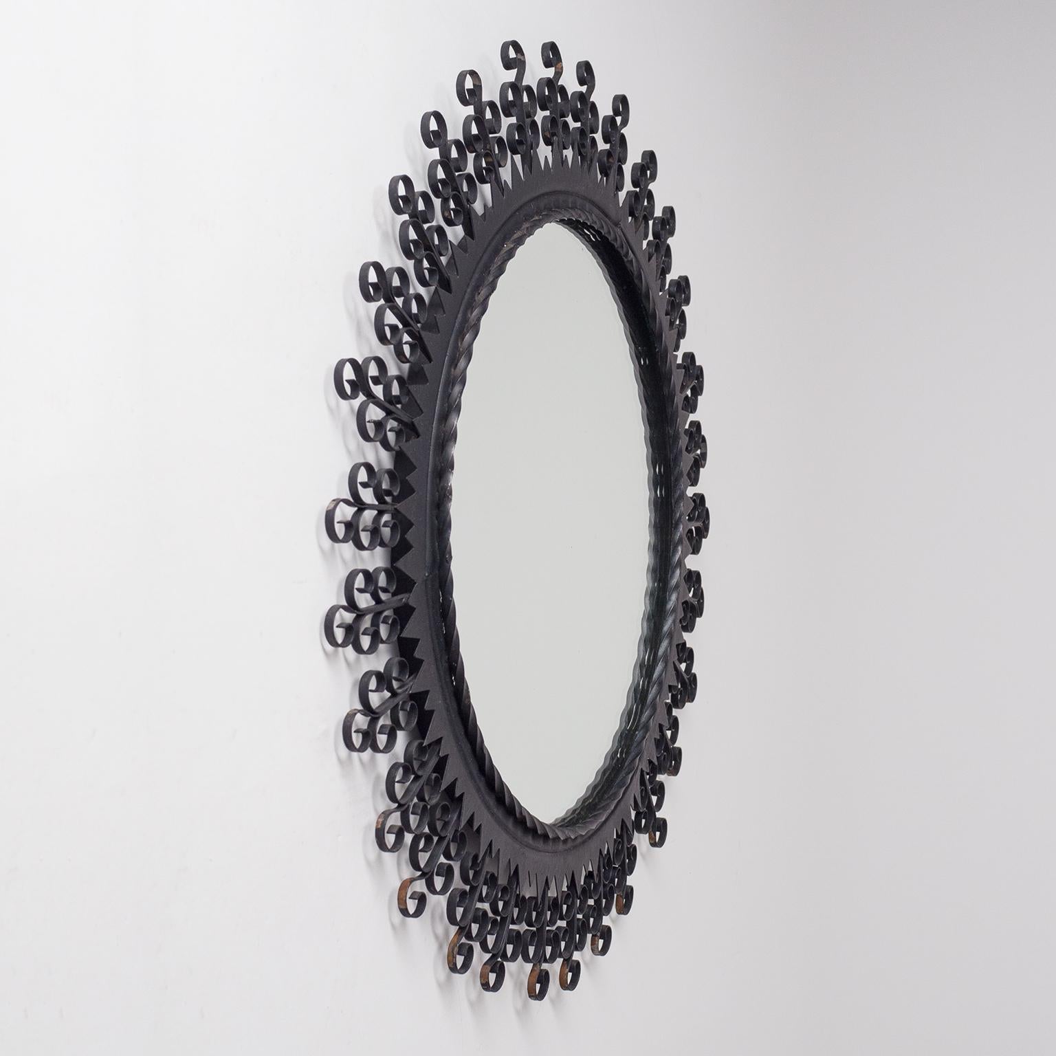 Lacquered French Wrought Iron Sunburst Mirror, 1960s