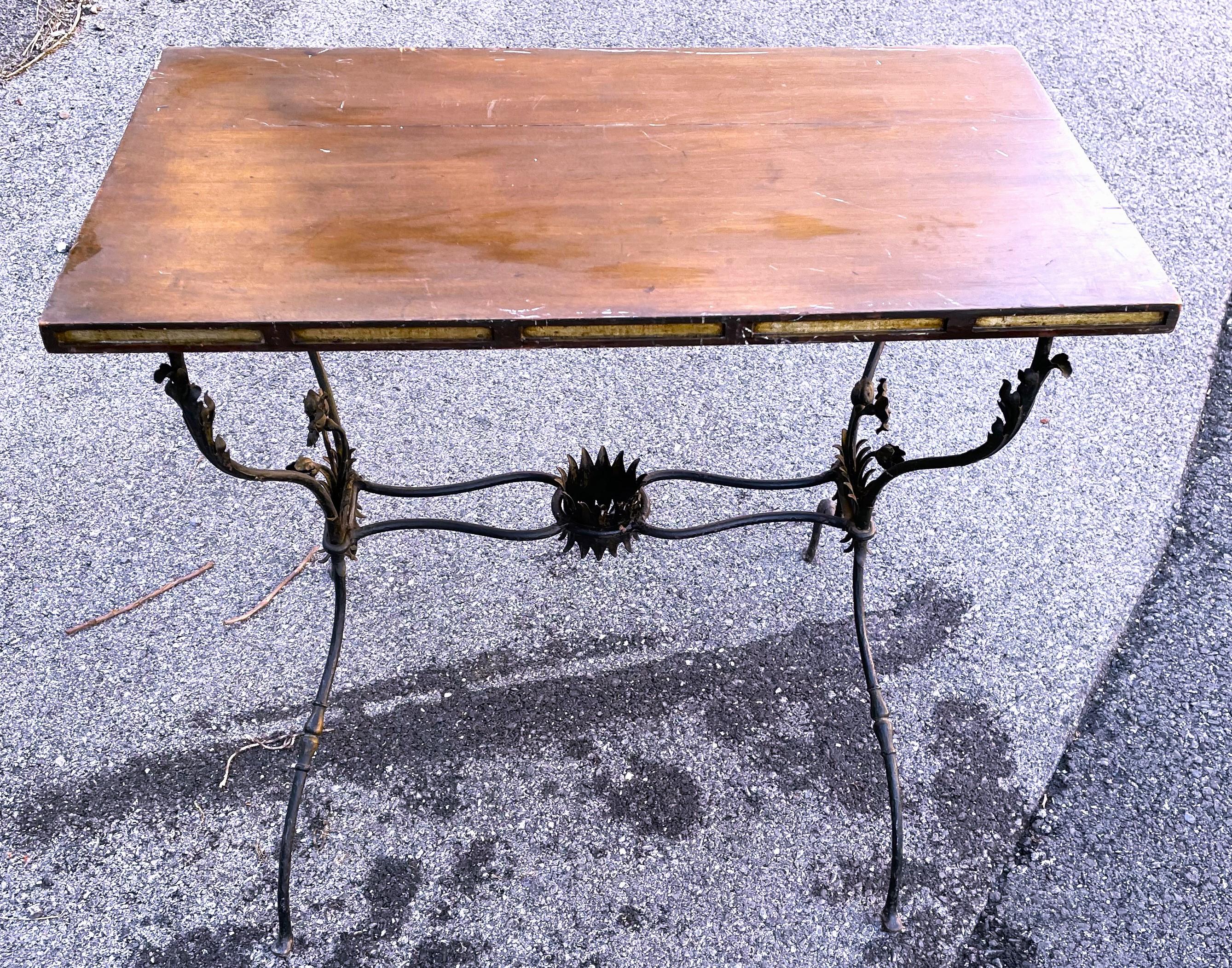 Arts and Crafts French Wrought Iron Table w/ Flowers & Wooden Top For Sale