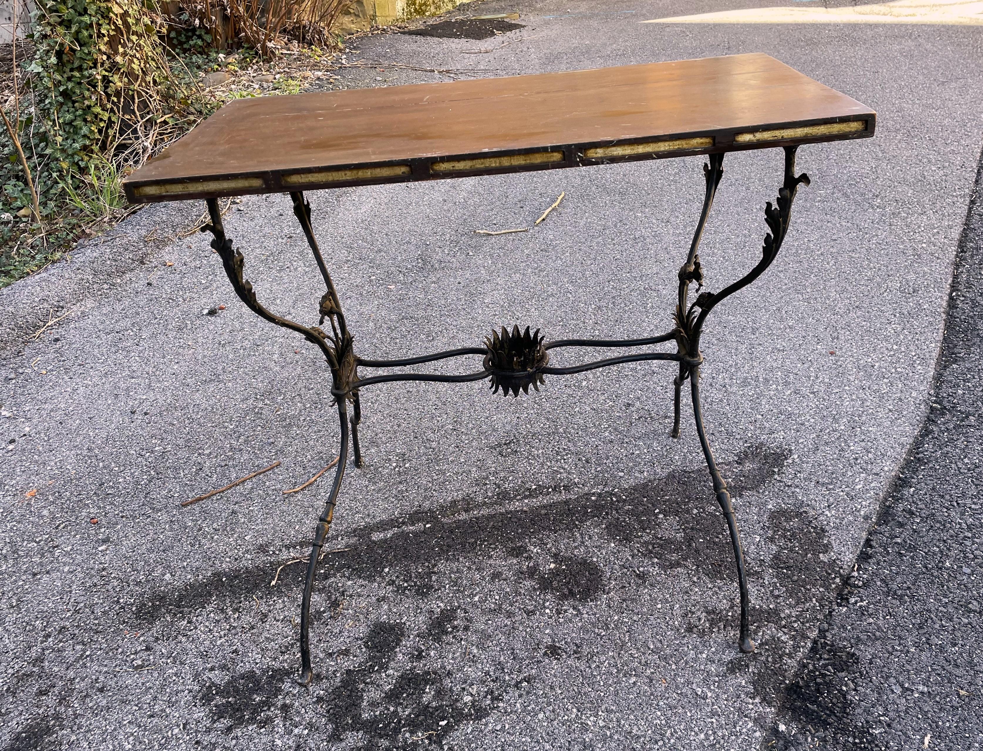 Carved French Wrought Iron Table w/ Flowers & Wooden Top For Sale