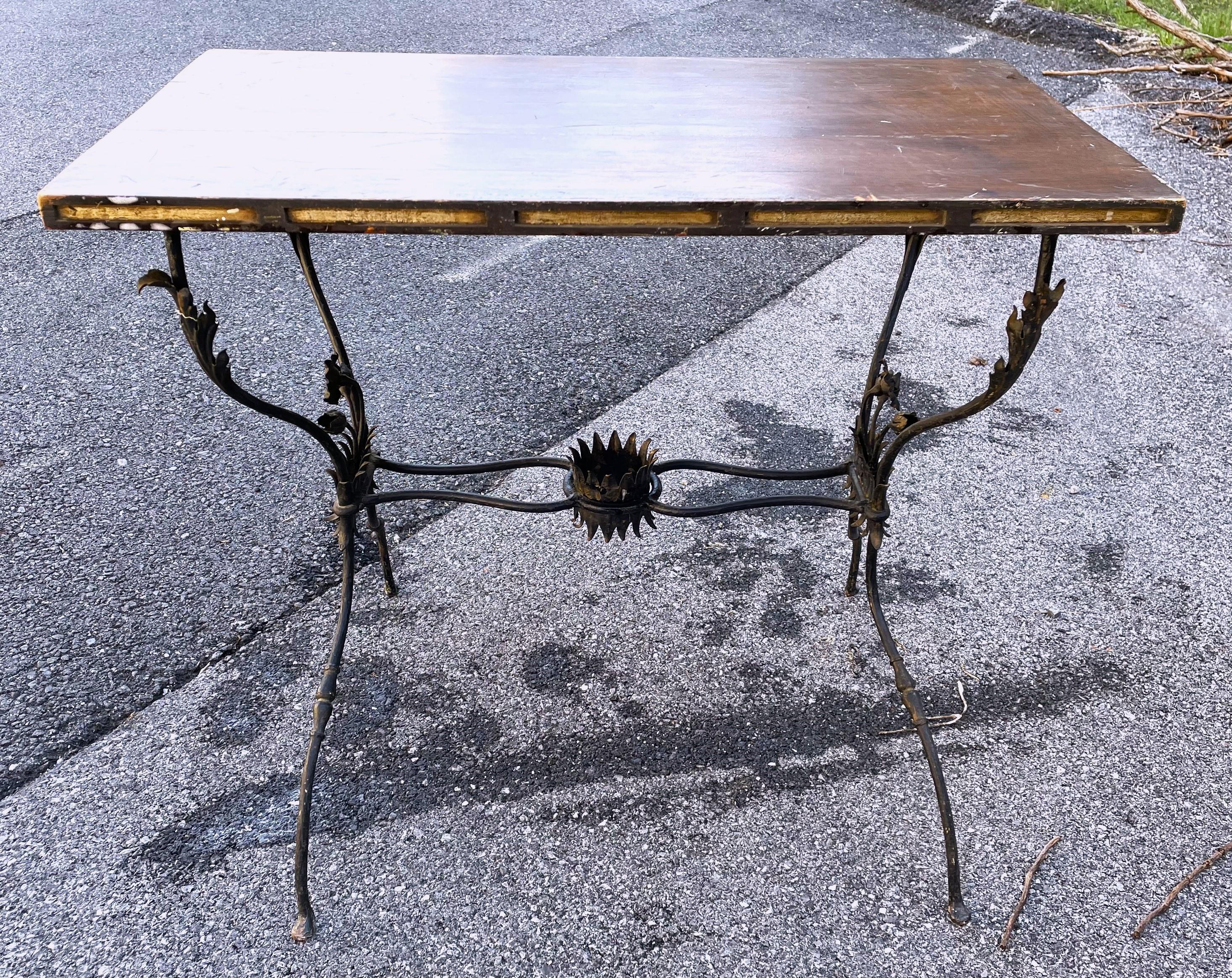 20th Century French Wrought Iron Table w/ Flowers & Wooden Top For Sale
