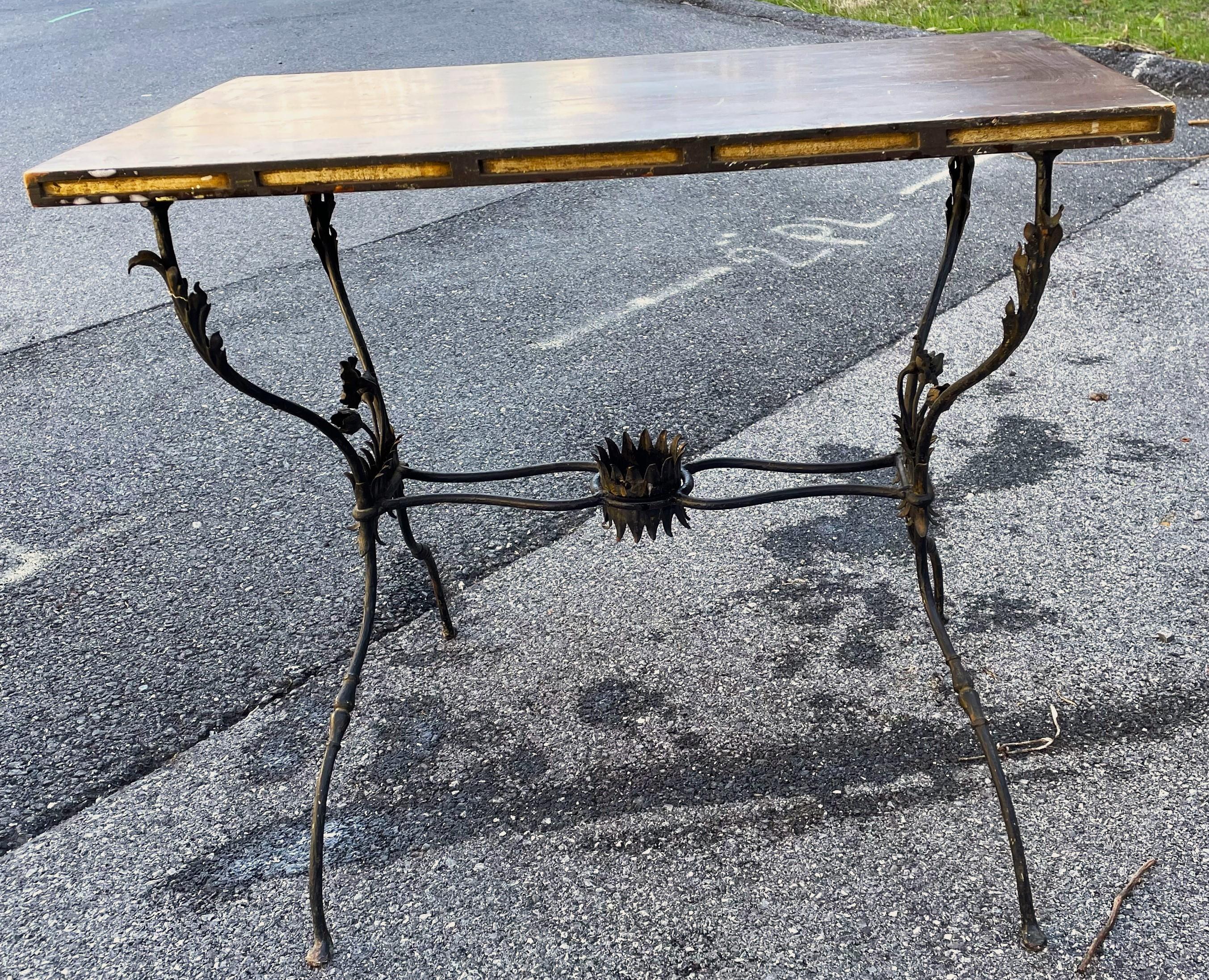 French Wrought Iron Table w/ Flowers & Wooden Top For Sale 1