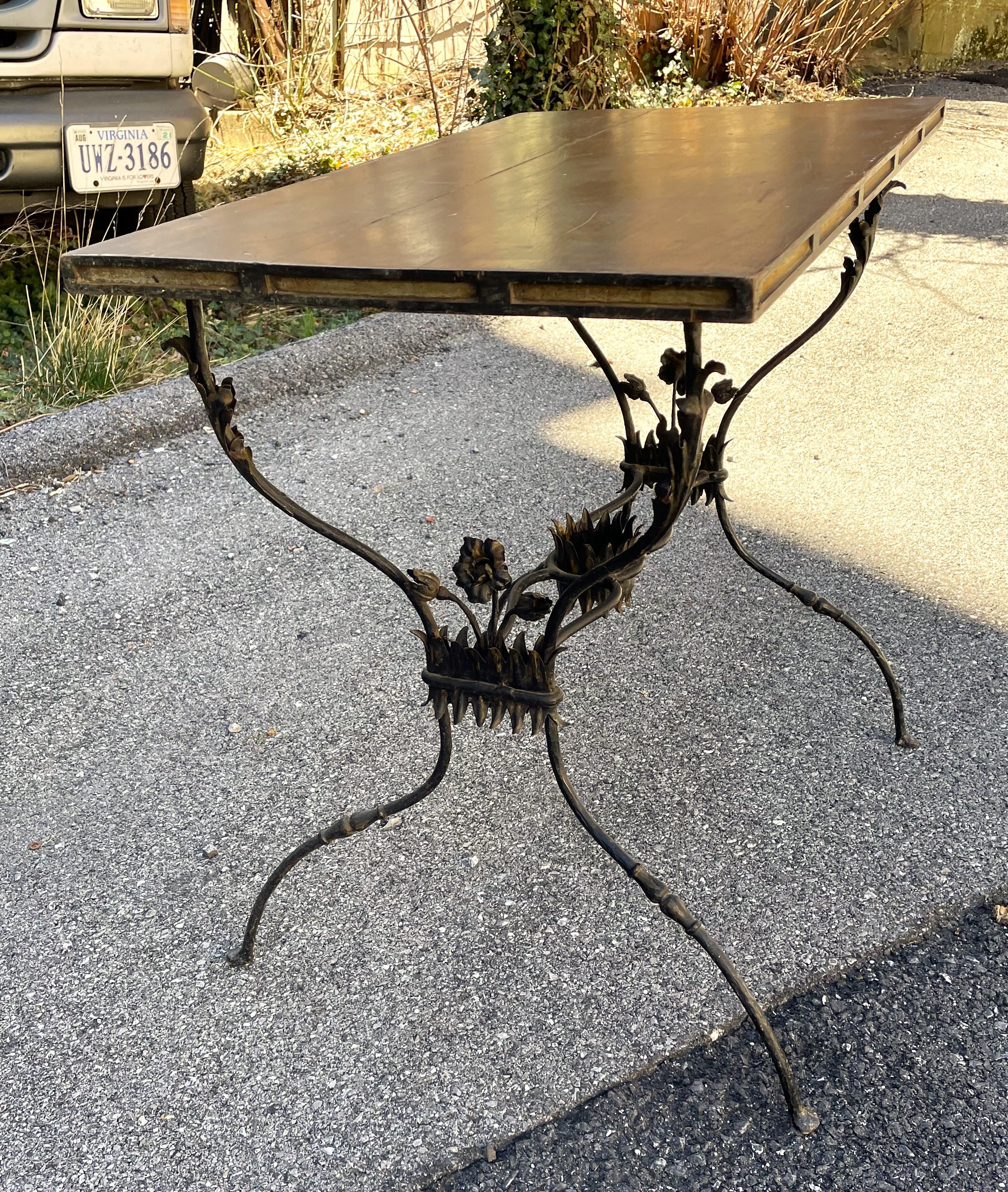 French Wrought Iron Table w/ Flowers & Wooden Top For Sale 3