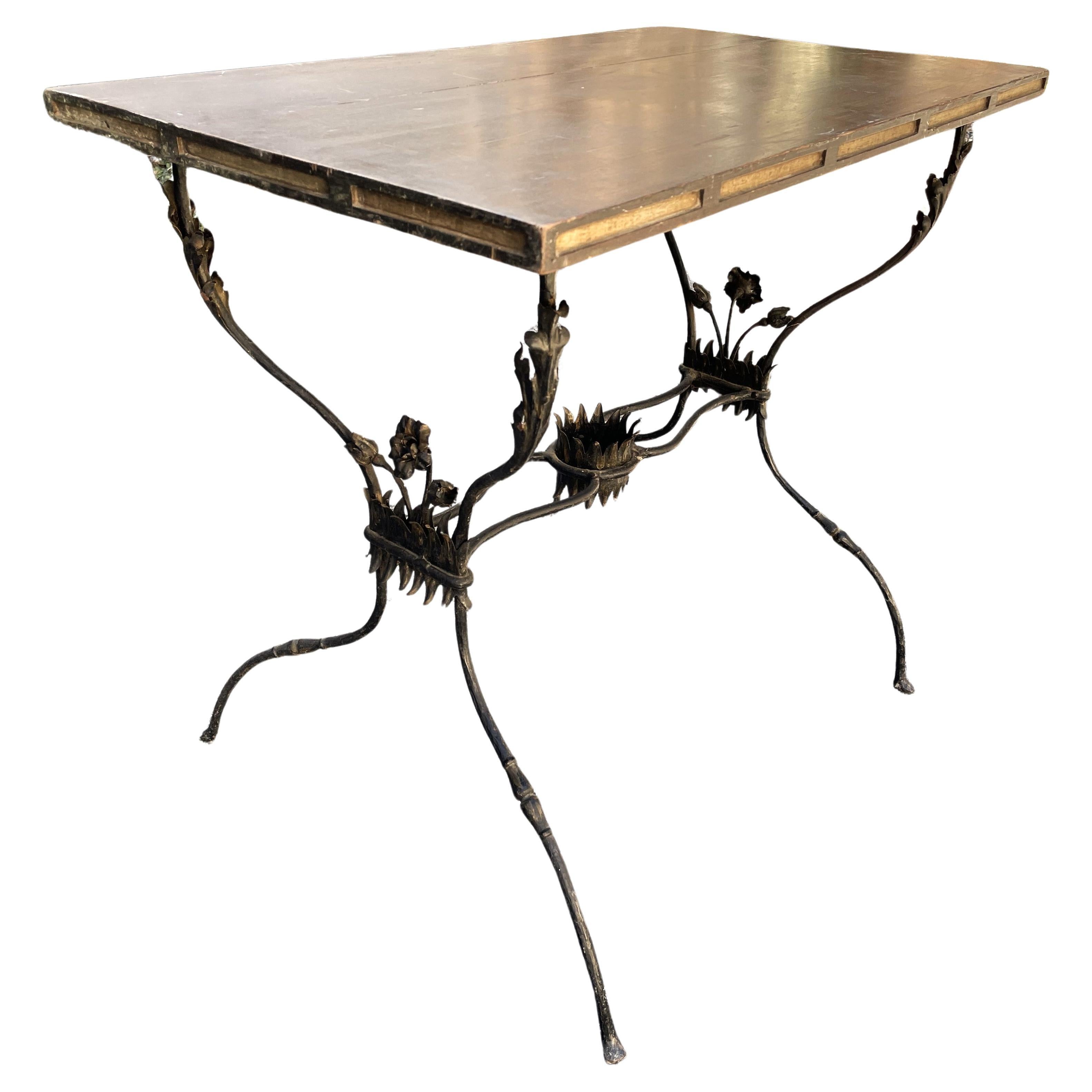 French Wrought Iron Table w/ Flowers & Wooden Top For Sale