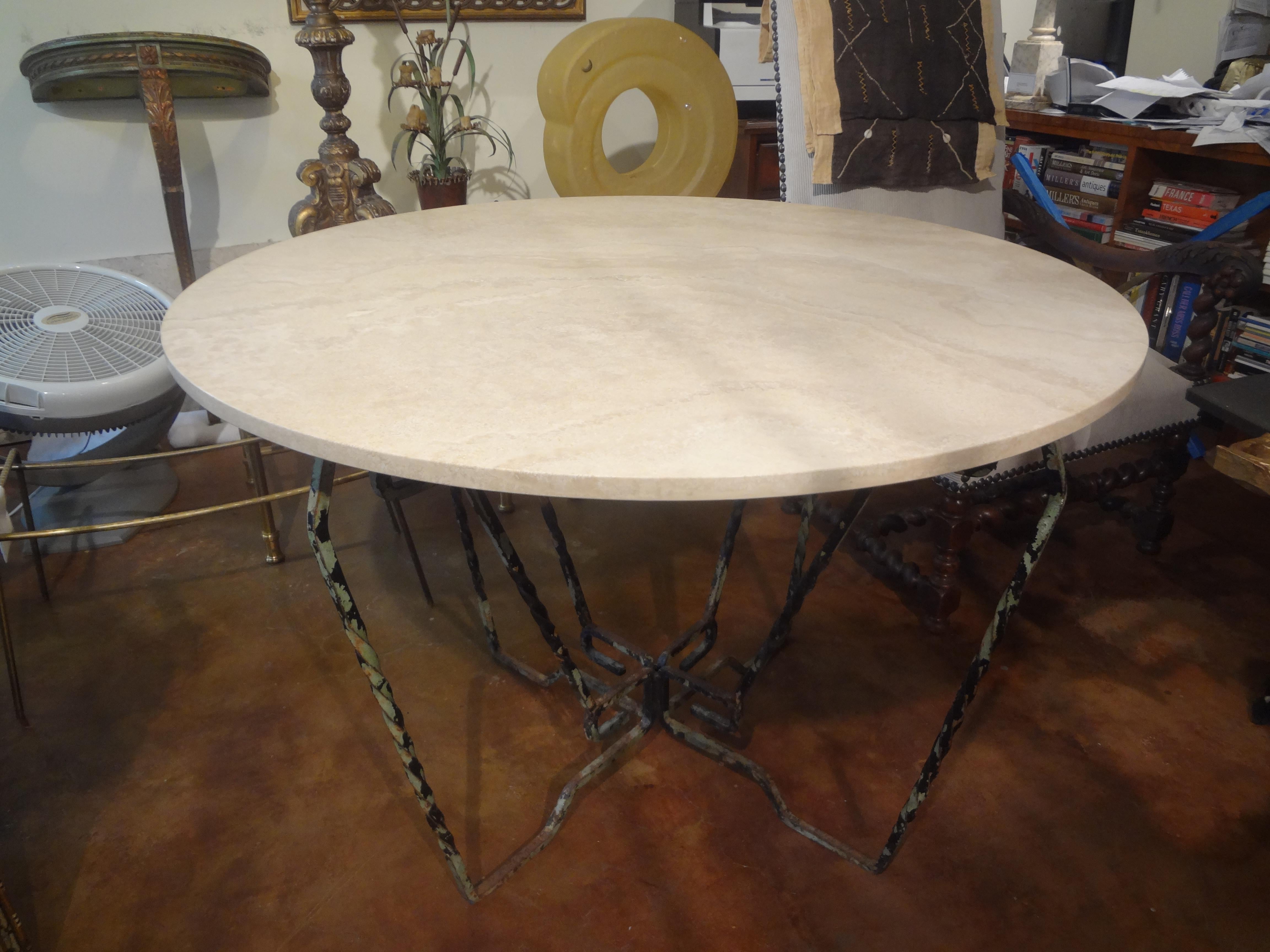 French Wrought Iron Center Table with Travertine Top For Sale 5