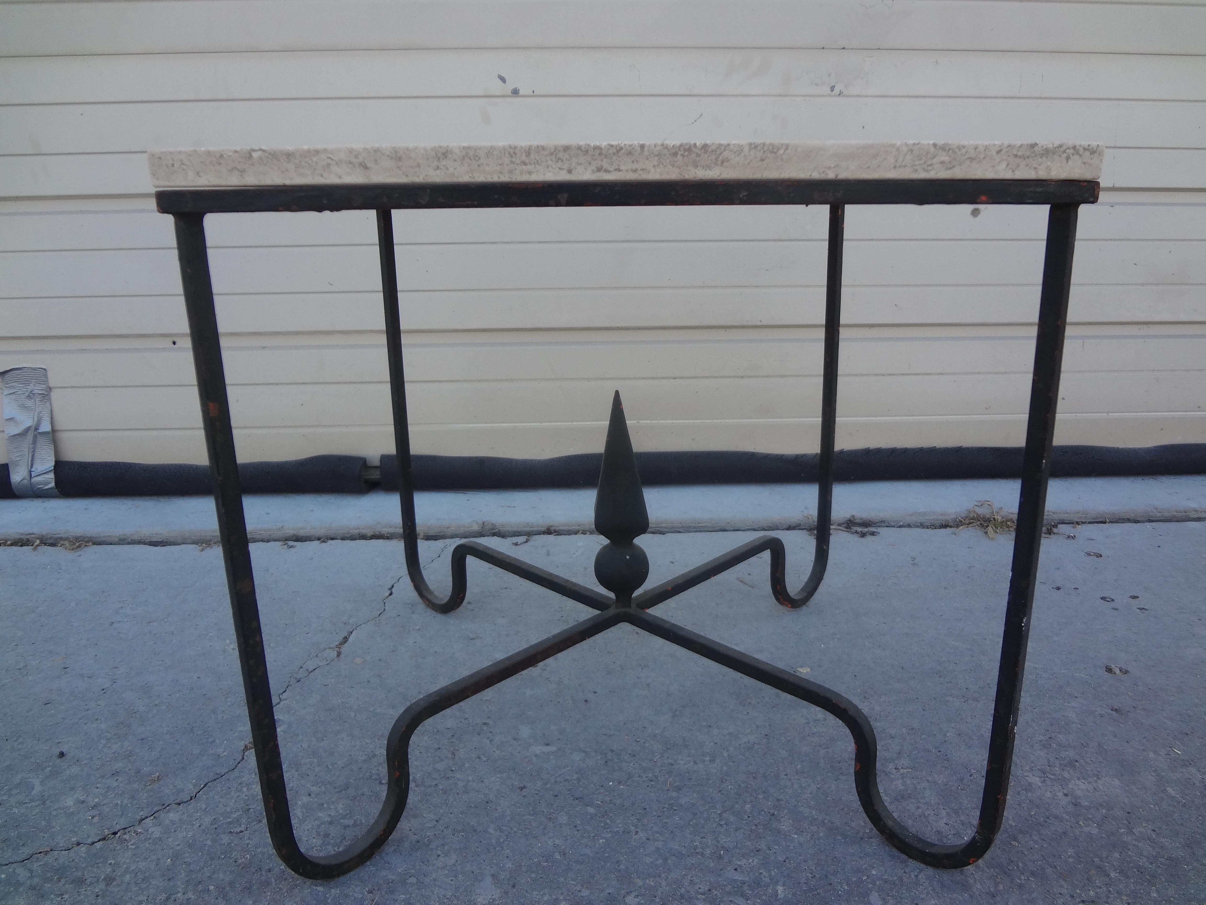 Hollywood Regency French Wrought Iron Table with Travertine Top For Sale